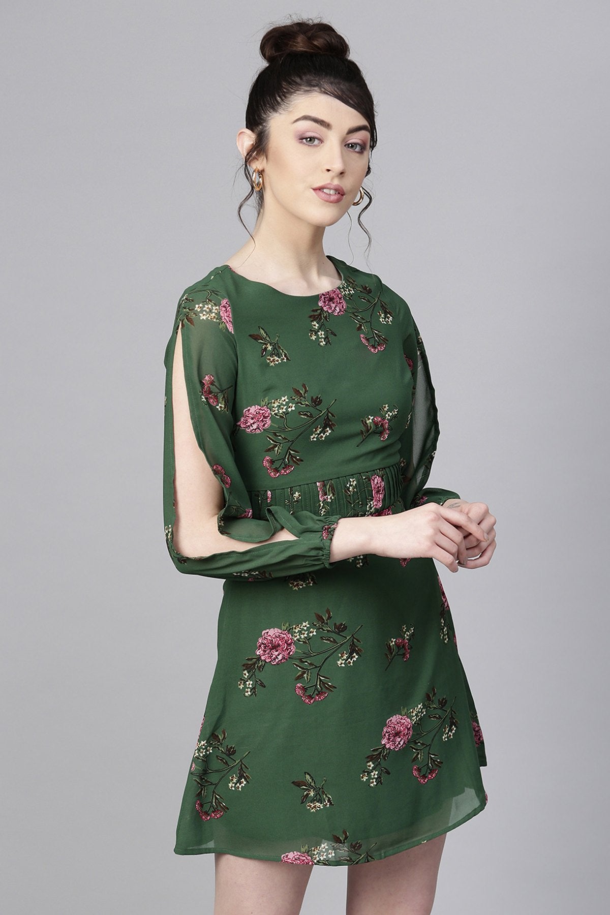 Women's Green Floral Pintuck Skater Dress - SASSAFRAS