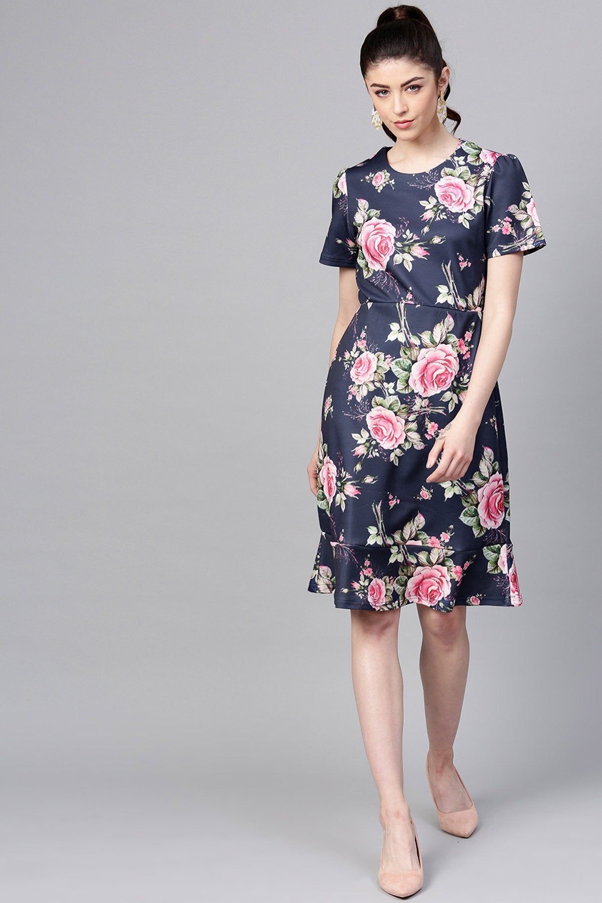 Women's Navy Floral Frill Hem Midi - SASSAFRAS