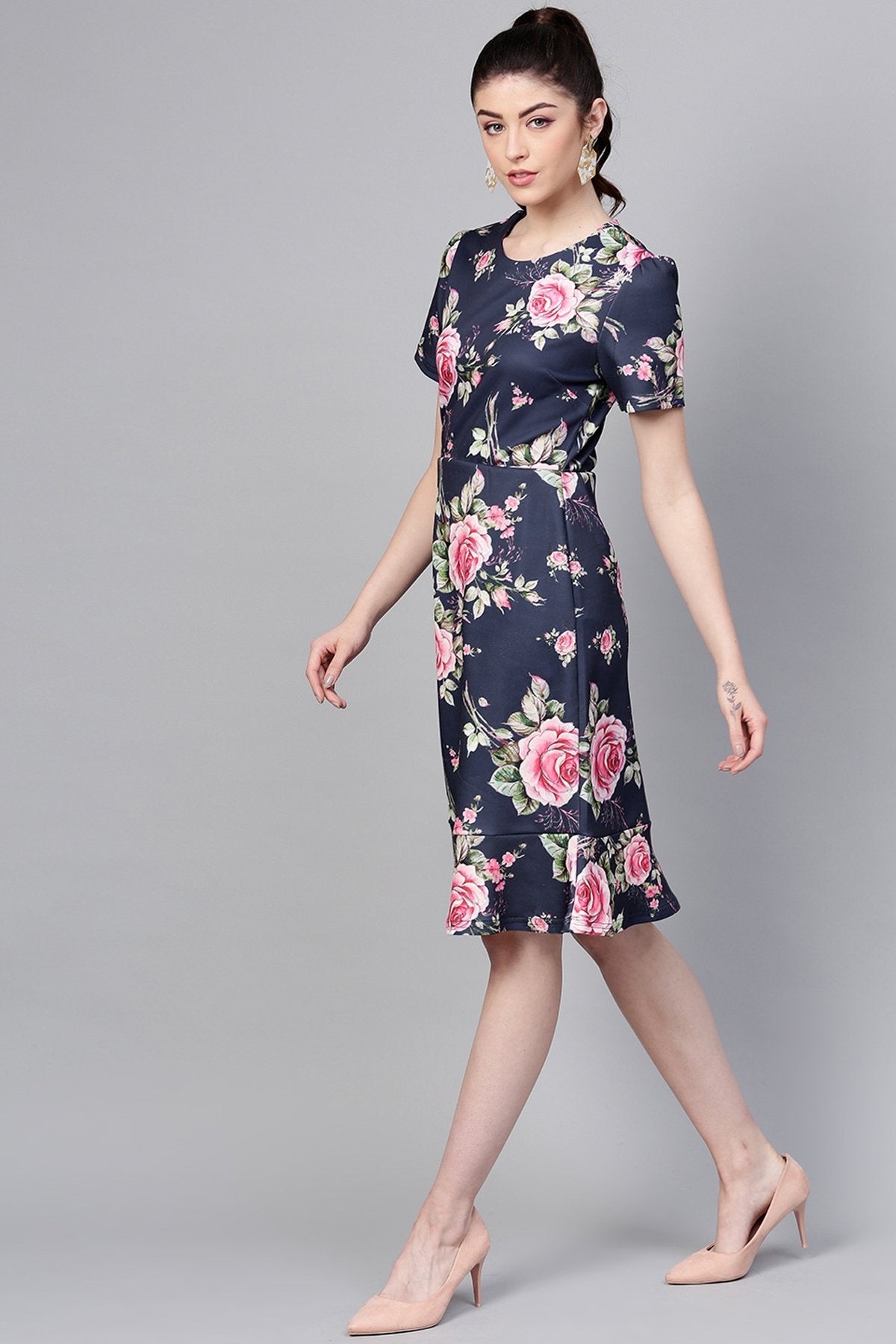 Women's Navy Floral Frill Hem Midi - SASSAFRAS