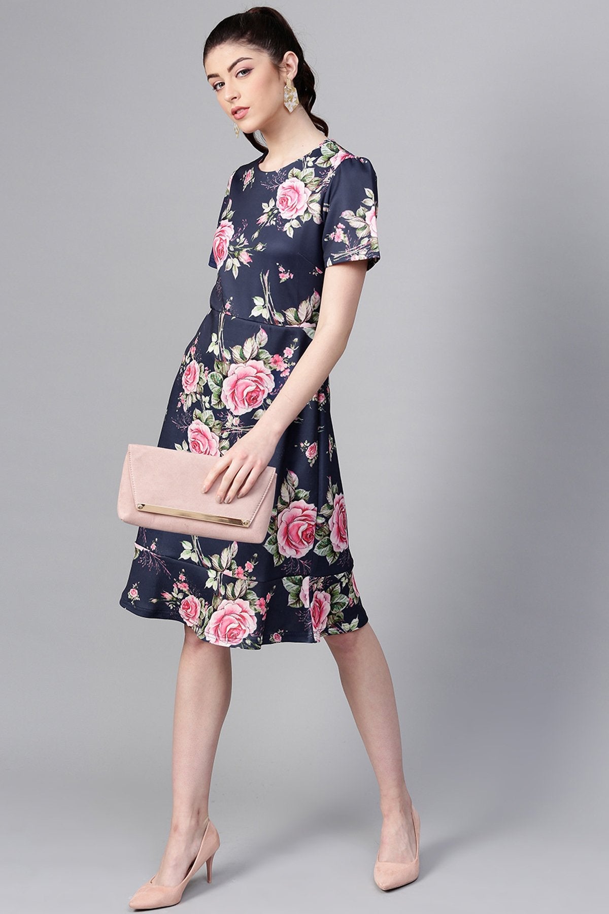 Women's Navy Floral Frill Hem Midi - SASSAFRAS