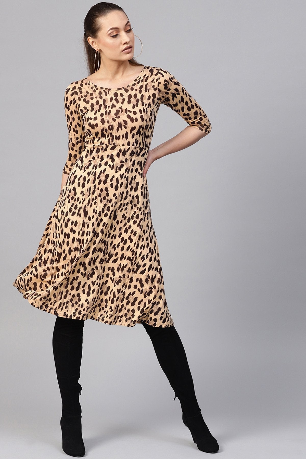 Women's Beige Cheetah Flared Midi - SASSAFRAS