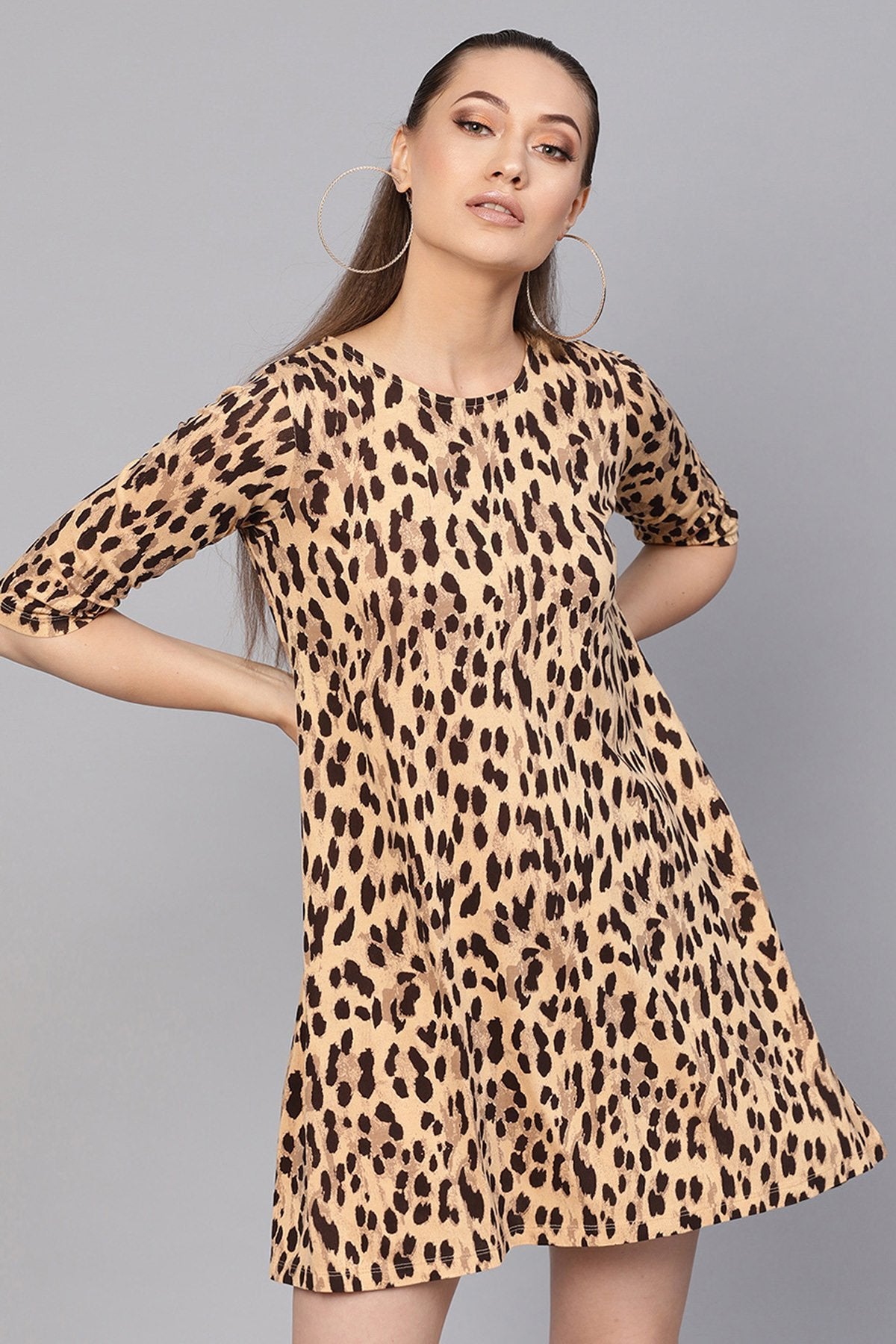 Women's Beige Cheetah Tent Dress - SASSAFRAS