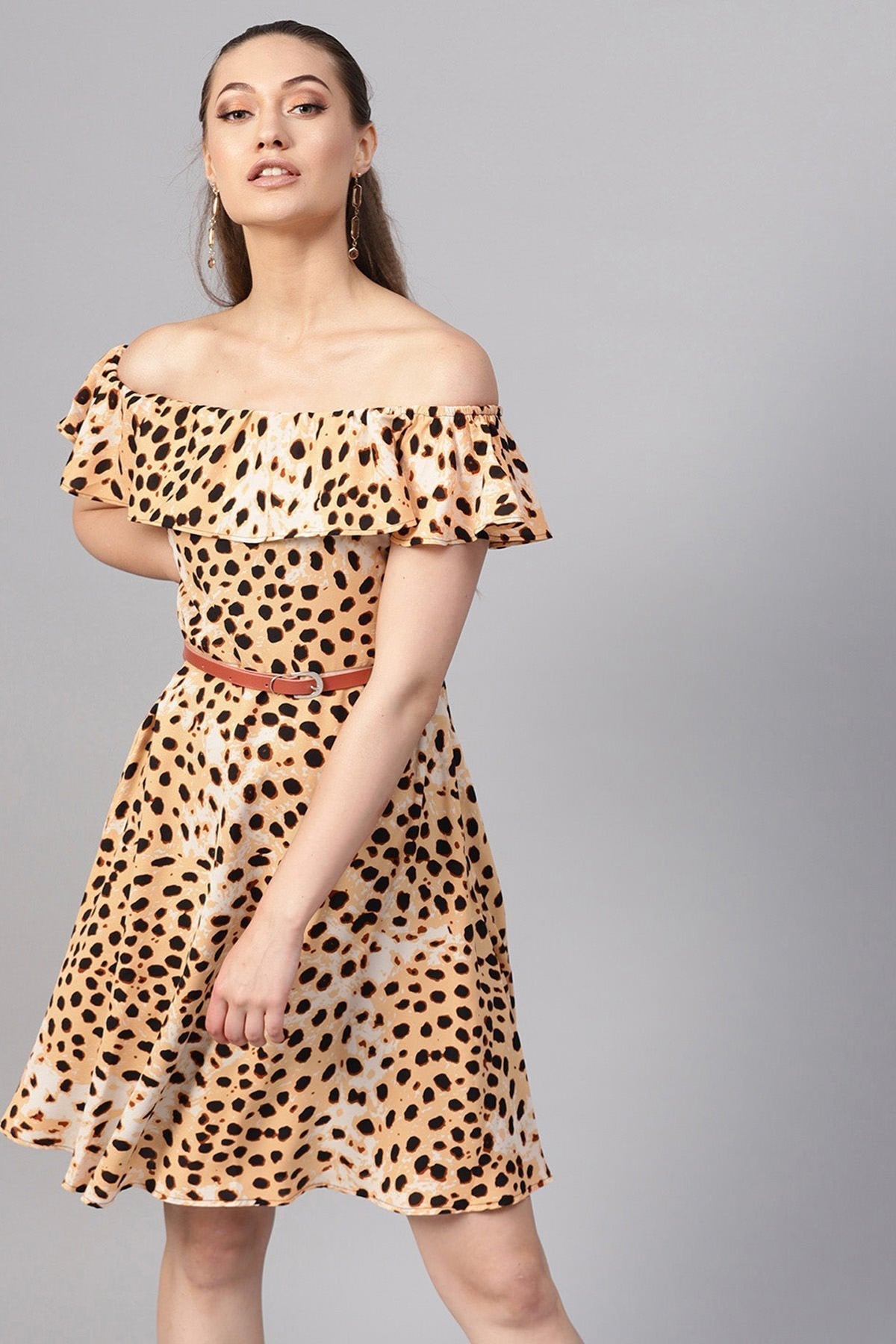 Women's Beige Leopard Off Shoulder Fit & Flare Dress - SASSAFRAS