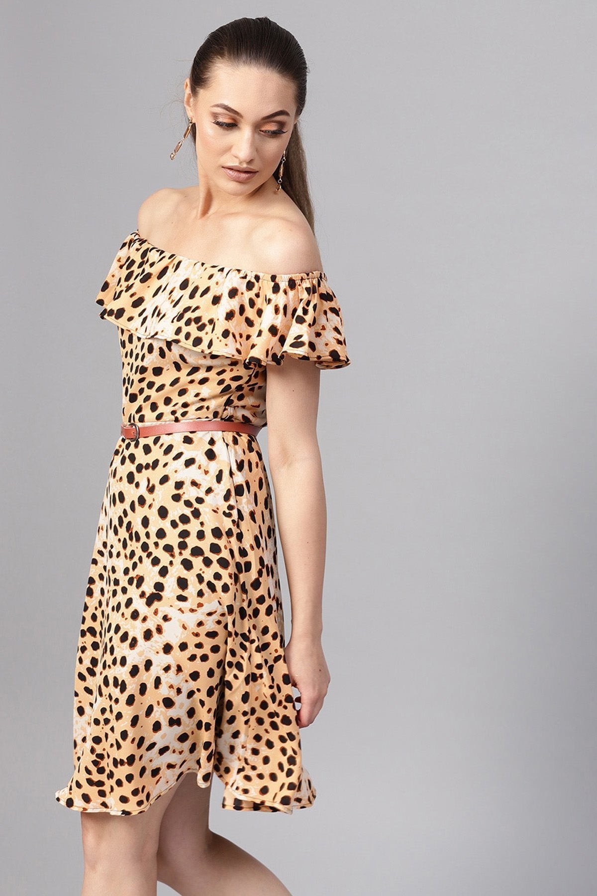 Women's Beige Leopard Off Shoulder Fit & Flare Dress - SASSAFRAS