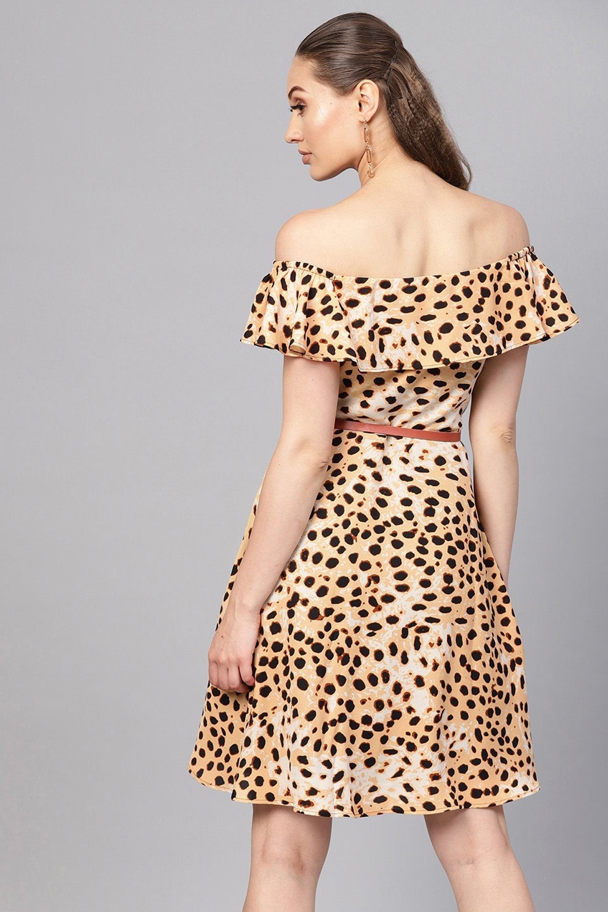 Women's Beige Leopard Off Shoulder Fit & Flare Dress - SASSAFRAS