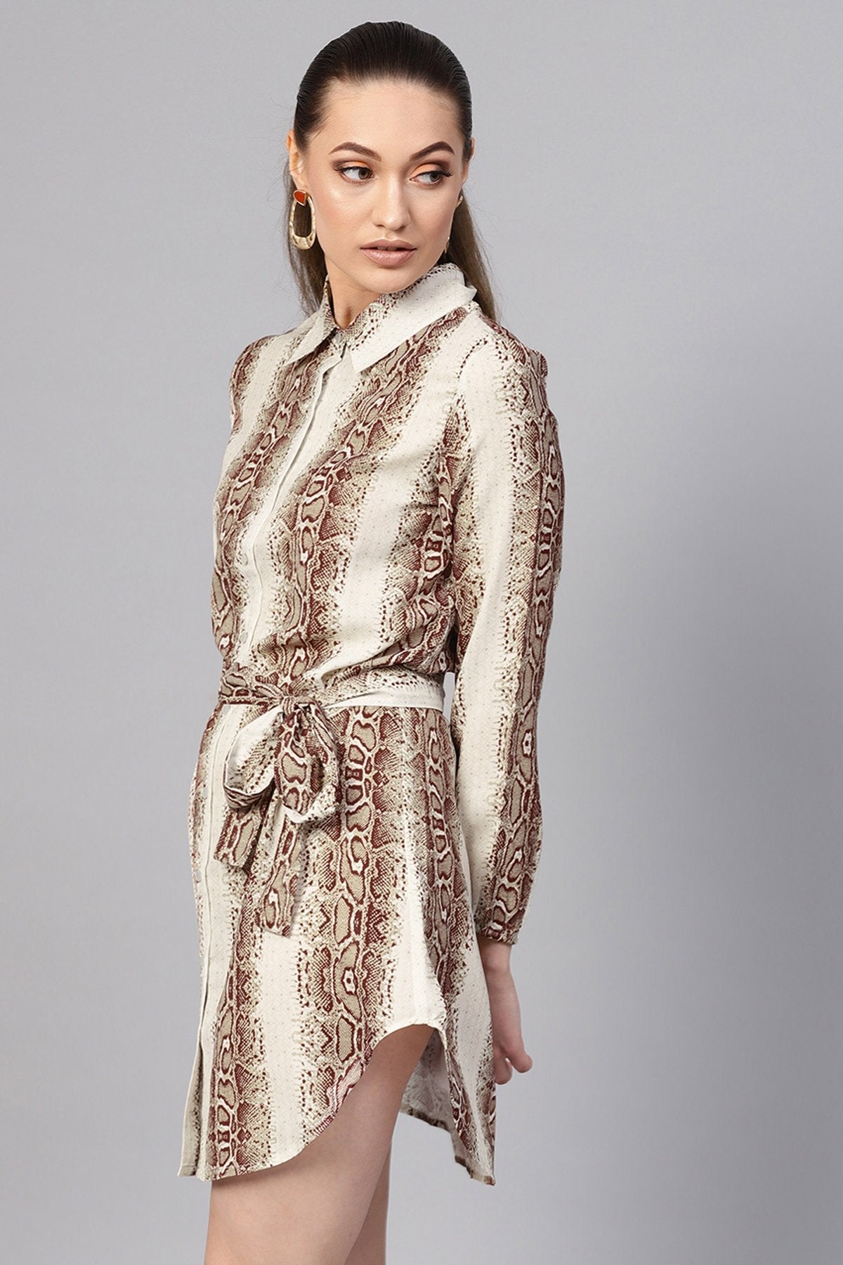 Women's Brown Snake Front Open Shirt Dress - SASSAFRAS