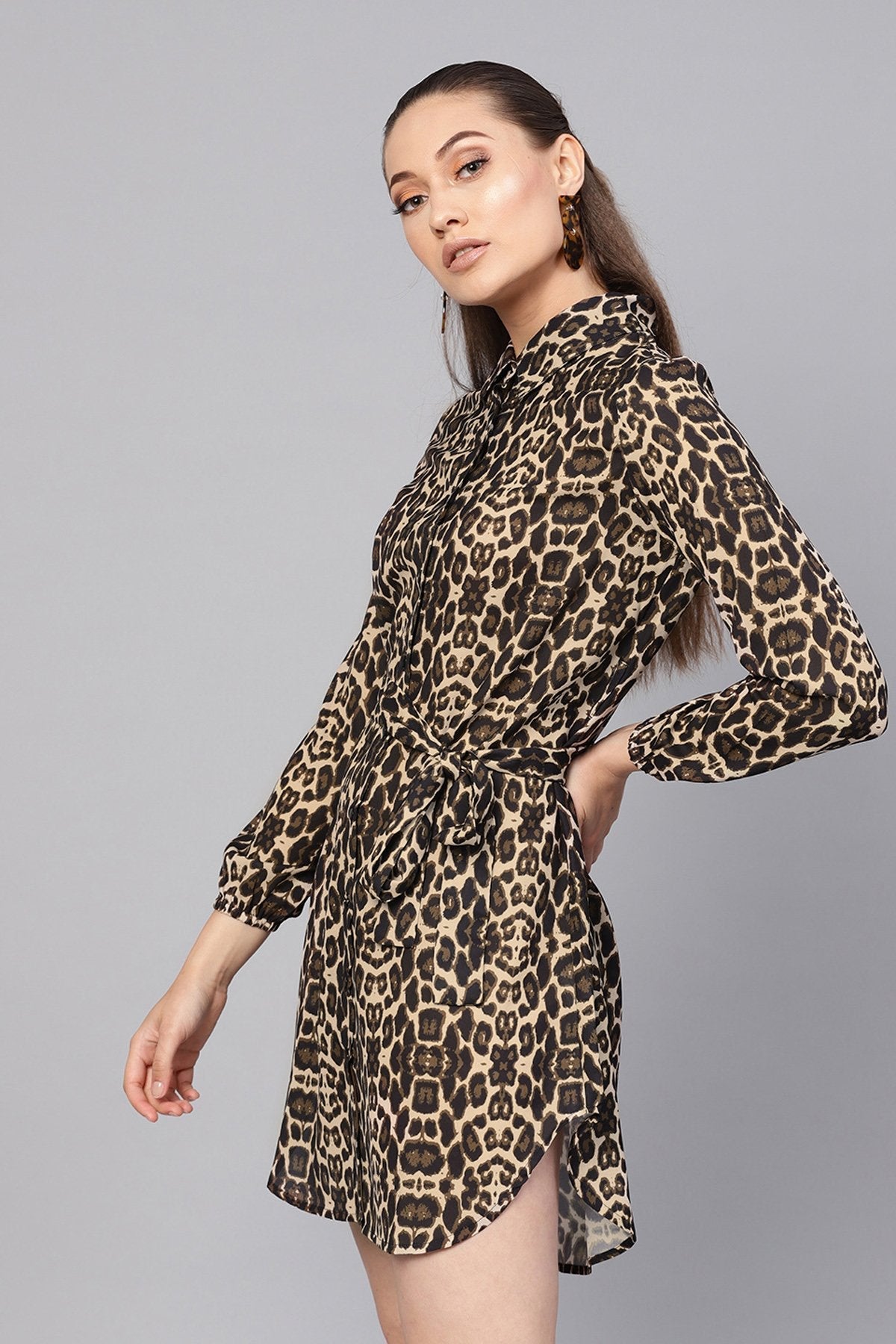 Women's Black Cheetah Front Open Shirt Dress - SASSAFRAS