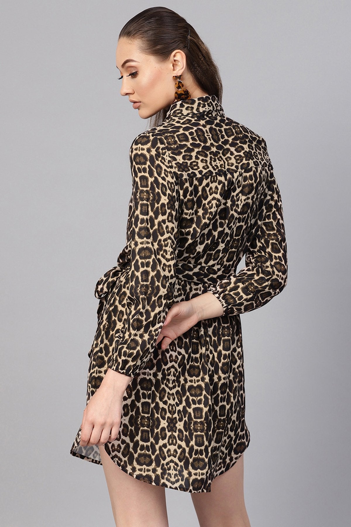 Women's Black Cheetah Front Open Shirt Dress - SASSAFRAS