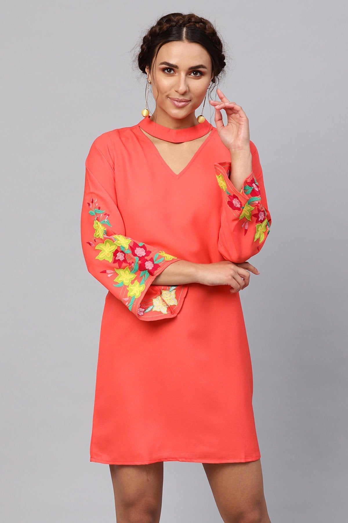 Women's Coral Choker Neck Embroidered Sleeve Dress - SASSAFRAS