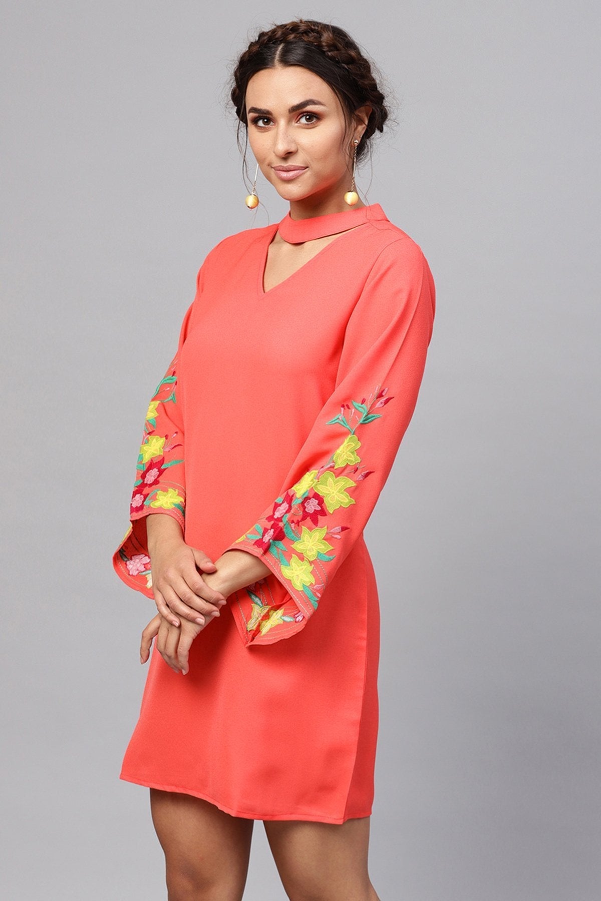 Women's Coral Choker Neck Embroidered Sleeve Dress - SASSAFRAS