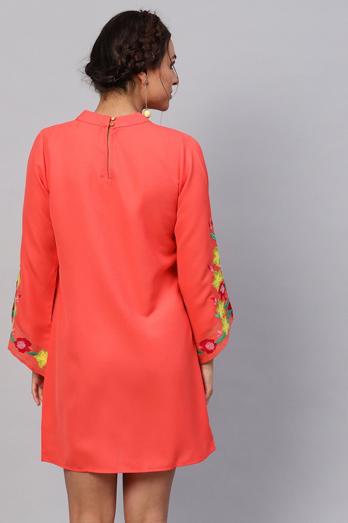 Women's Coral Choker Neck Embroidered Sleeve Dress - SASSAFRAS