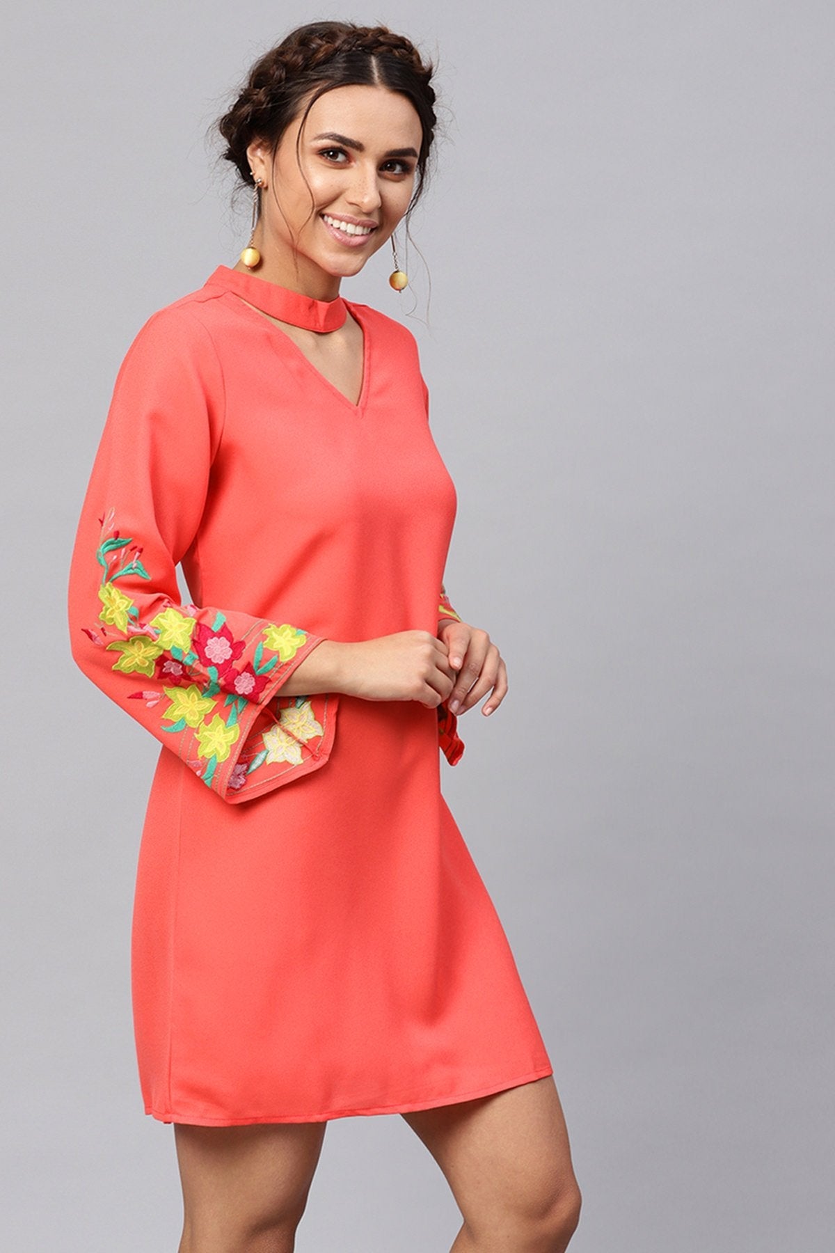 Women's Coral Choker Neck Embroidered Sleeve Dress - SASSAFRAS