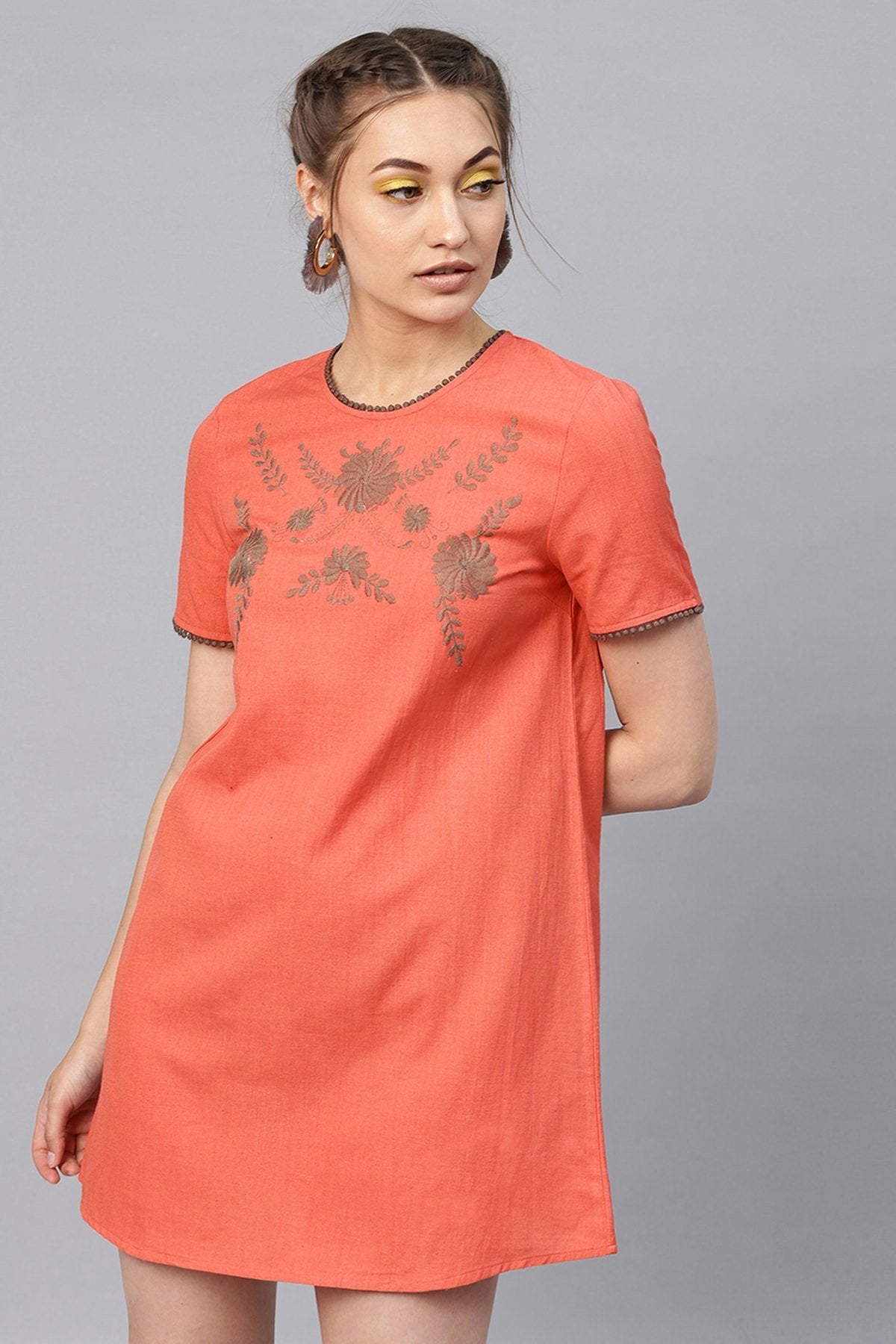 Women's Coral Front Embroidered Shift Dress - SASSAFRAS