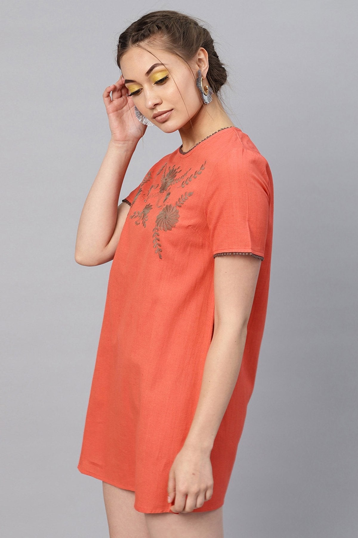 Women's Coral Front Embroidered Shift Dress - SASSAFRAS