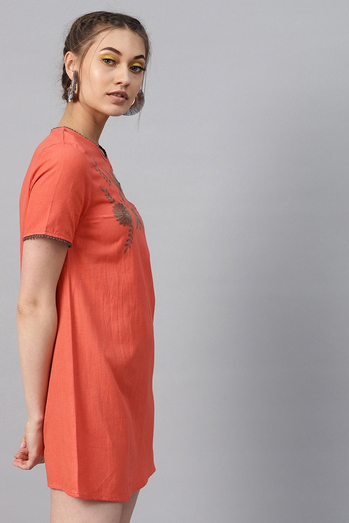 Women's Coral Front Embroidered Shift Dress - SASSAFRAS