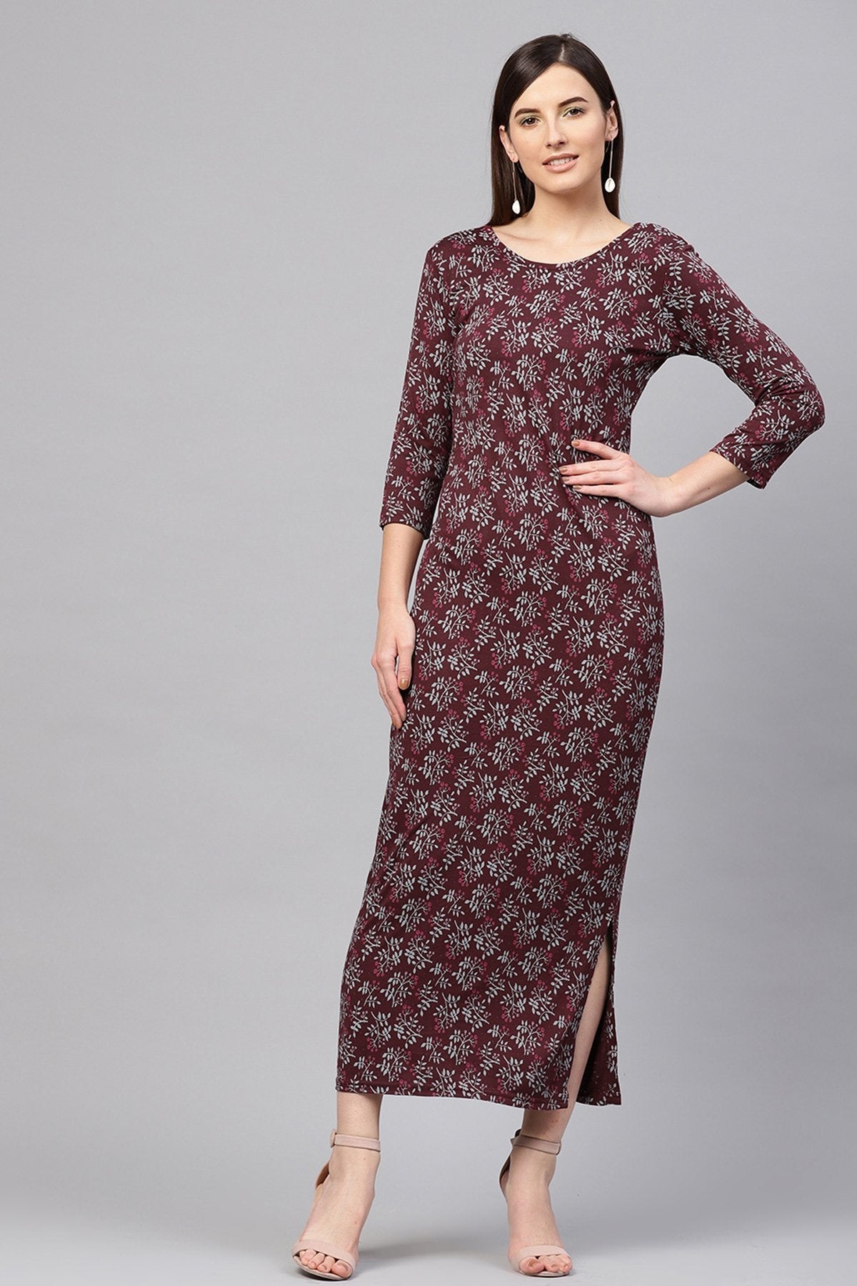 Women's Maroon Floral Side Slit Maxi - SASSAFRAS