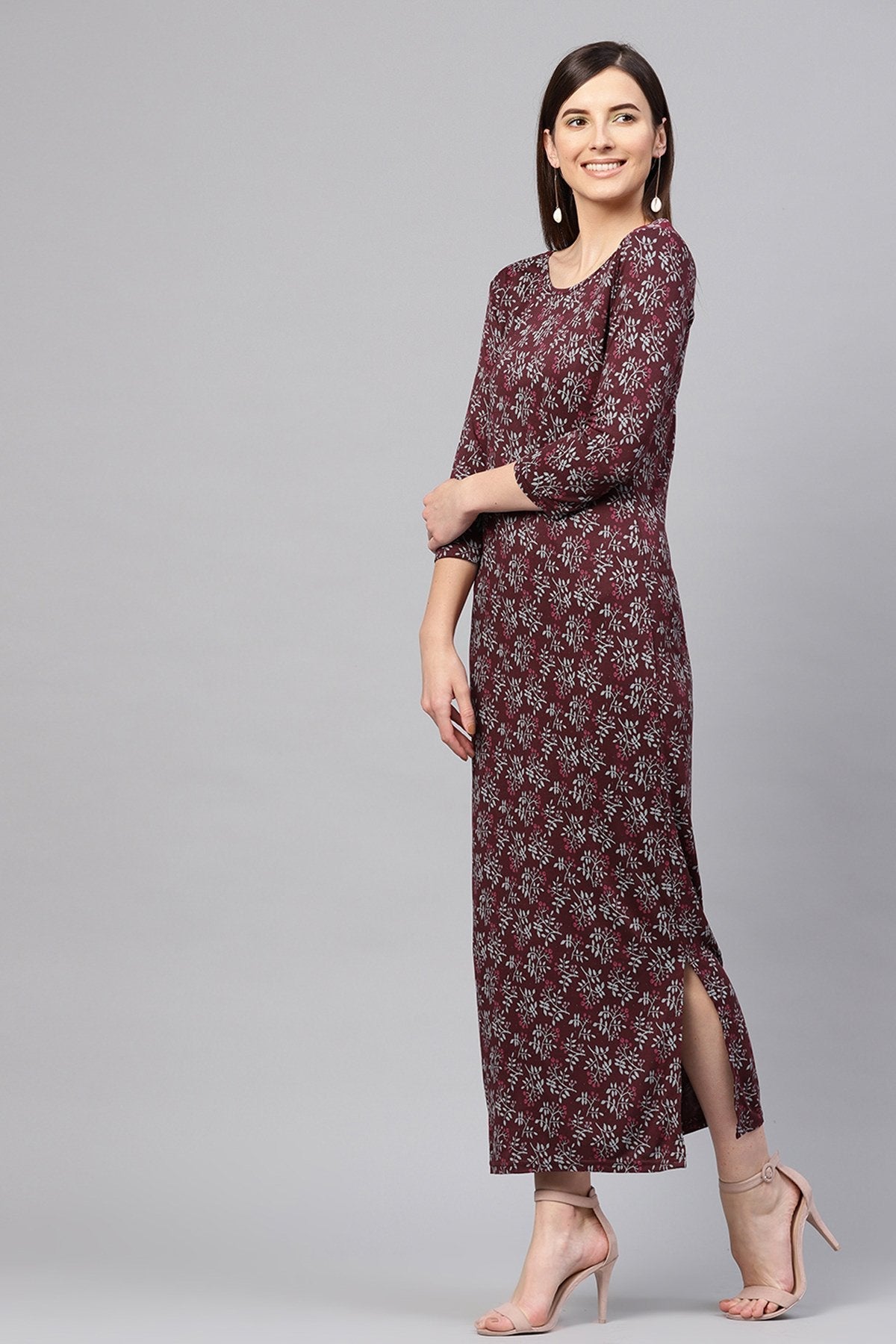 Women's Maroon Floral Side Slit Maxi - SASSAFRAS