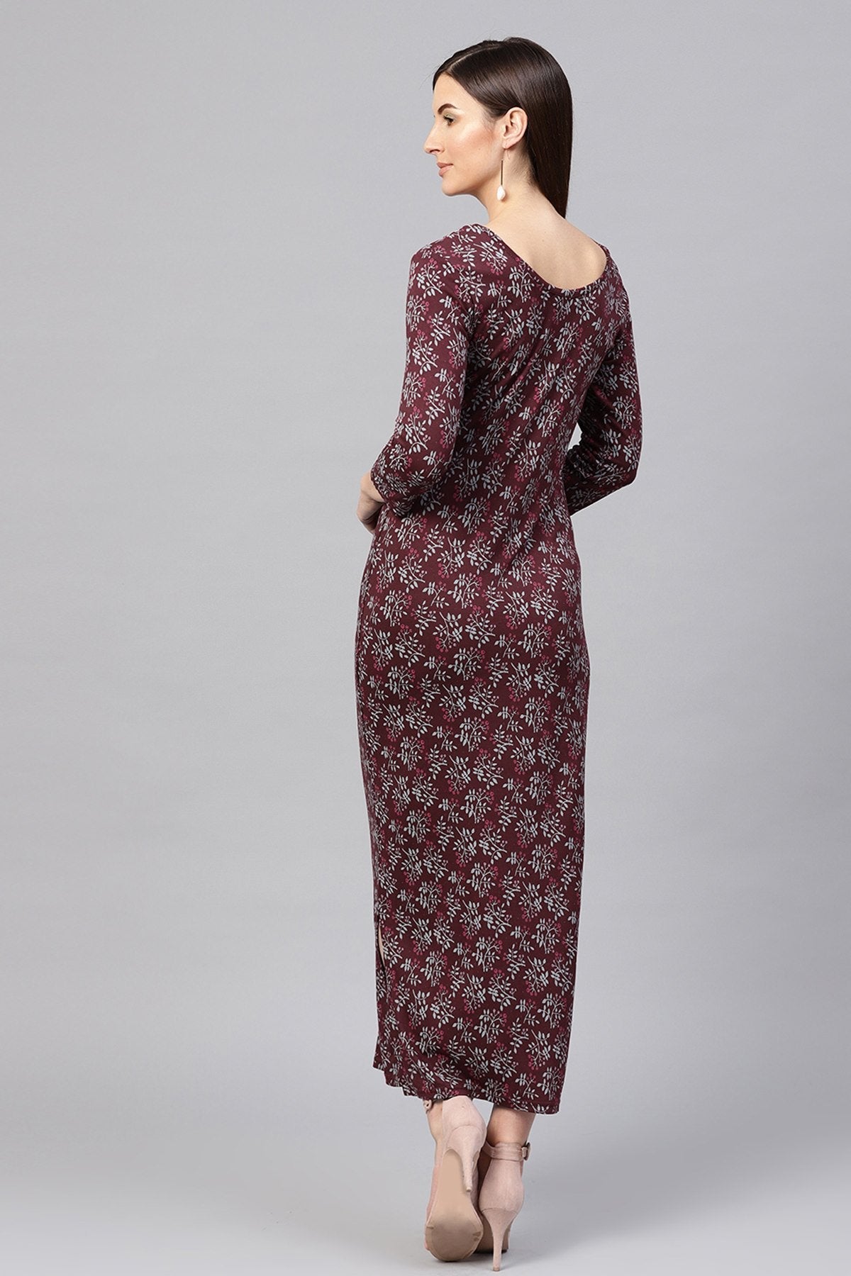 Women's Maroon Floral Side Slit Maxi - SASSAFRAS