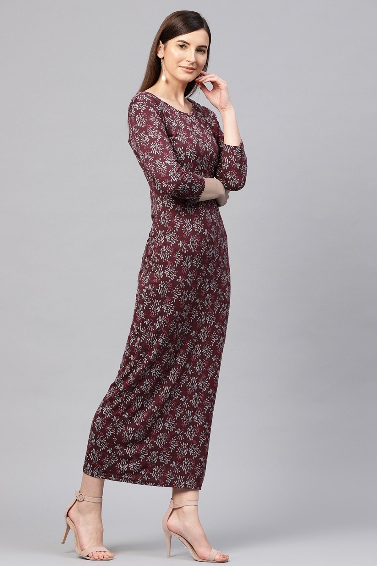 Women's Maroon Floral Side Slit Maxi - SASSAFRAS