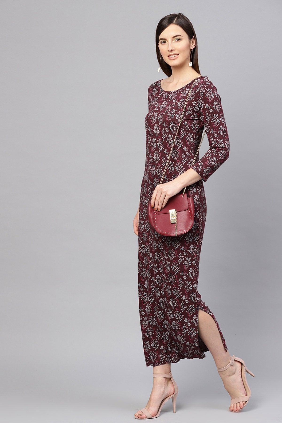 Women's Maroon Floral Side Slit Maxi - SASSAFRAS