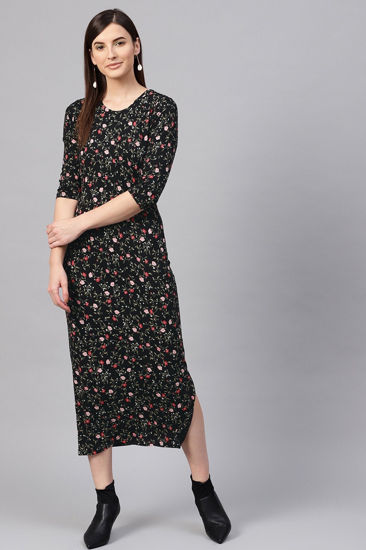 Women's Black Floral Side Slit Maxi - SASSAFRAS