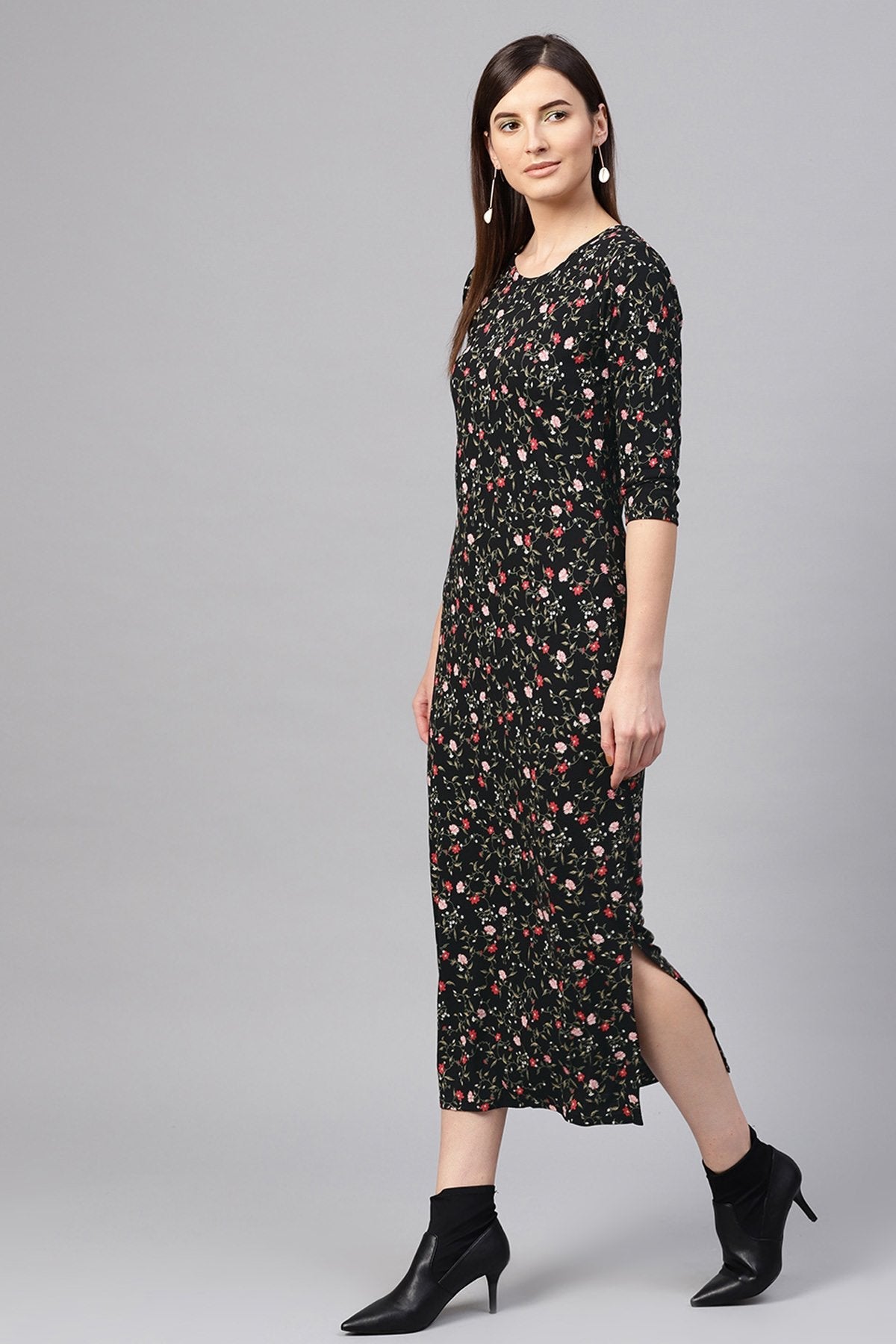 Women's Black Floral Side Slit Maxi - SASSAFRAS