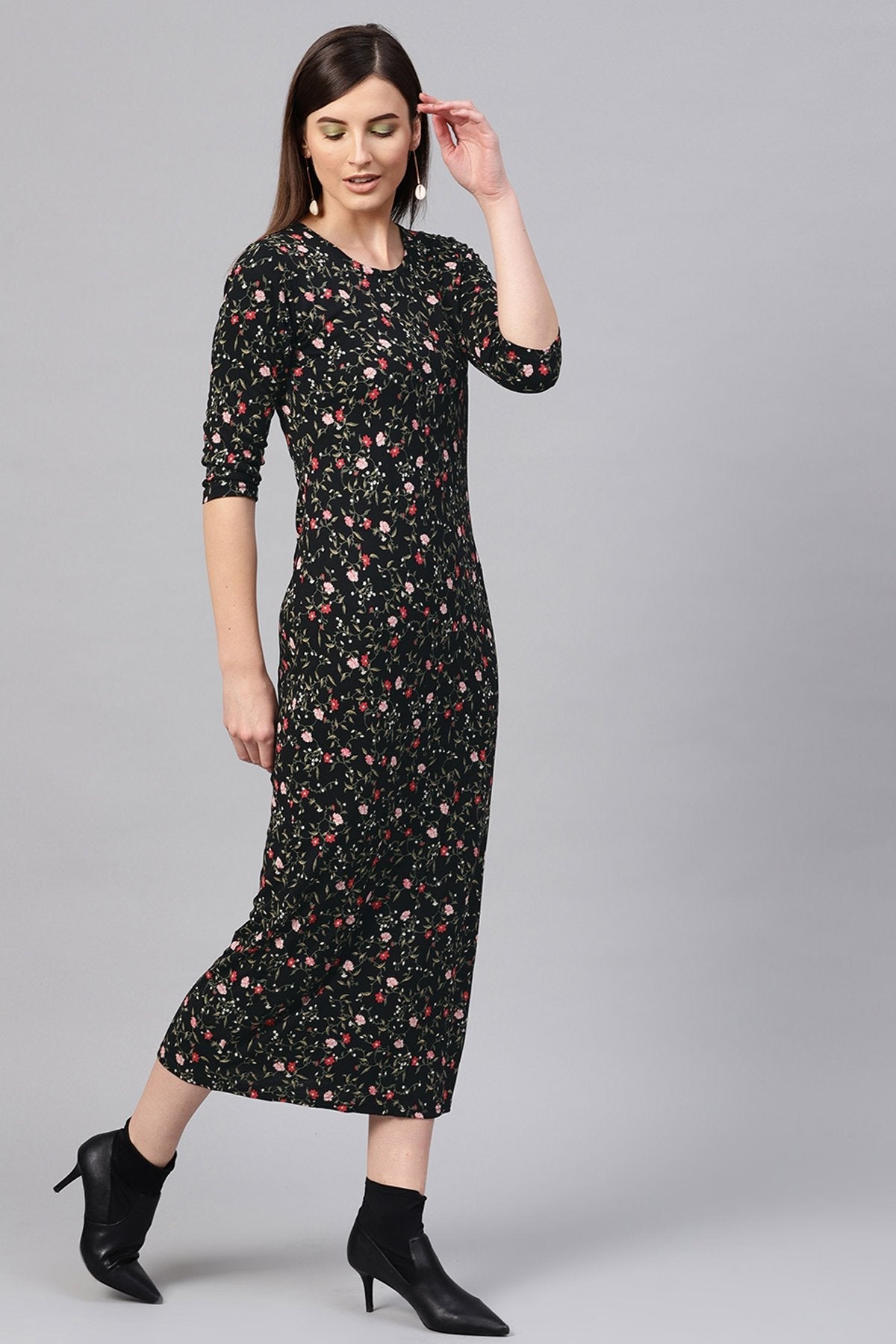 Women's Black Floral Side Slit Maxi - SASSAFRAS