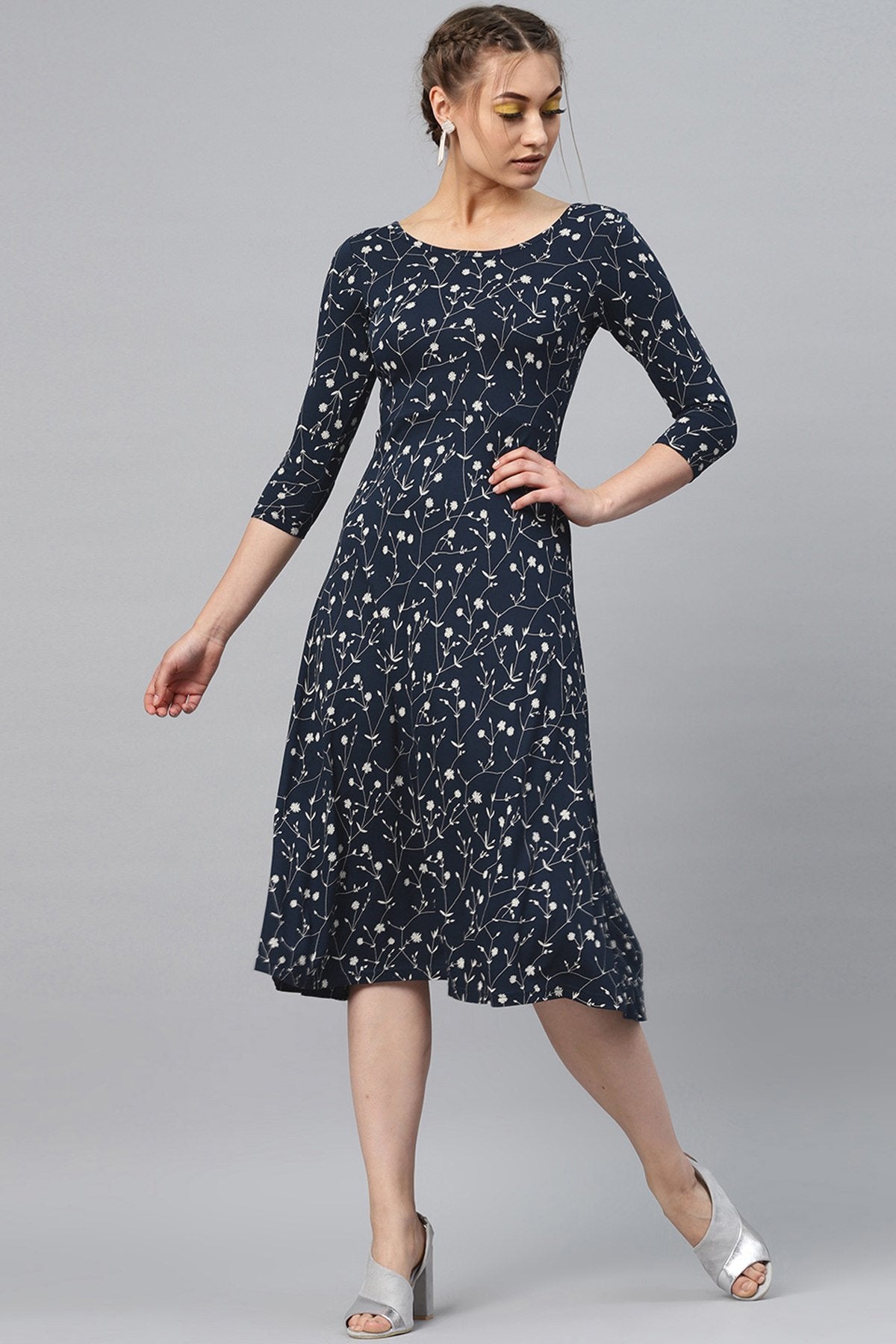 Women's Navy Floral Flared Midi - SASSAFRAS