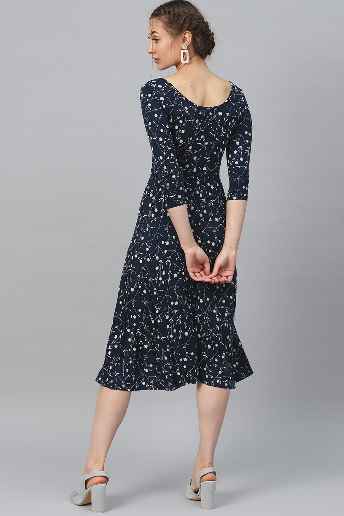 Women's Navy Floral Flared Midi - SASSAFRAS