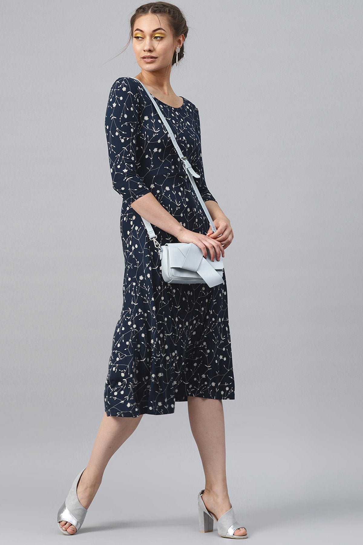 Women's Navy Floral Flared Midi - SASSAFRAS