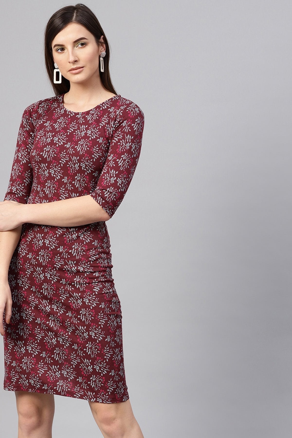 Women's Maroon Floral Bodycon Dress - SASSAFRAS