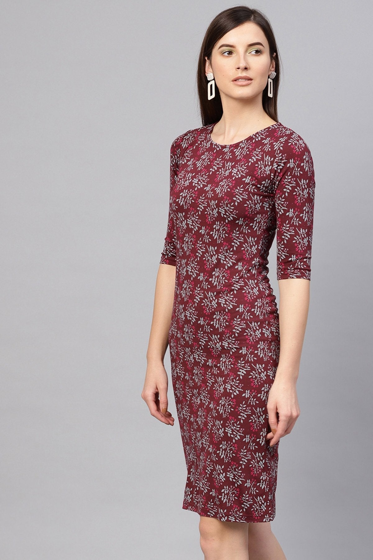 Women's Maroon Floral Bodycon Dress - SASSAFRAS