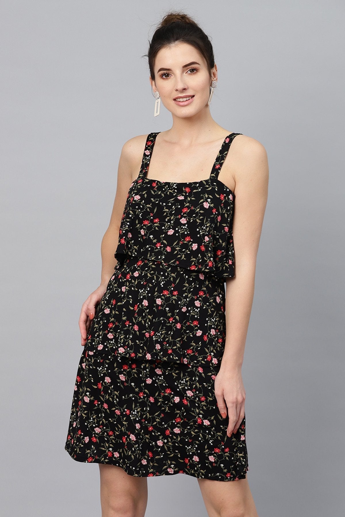 Women's Black Floral Strappy Tiered Dress - SASSAFRAS