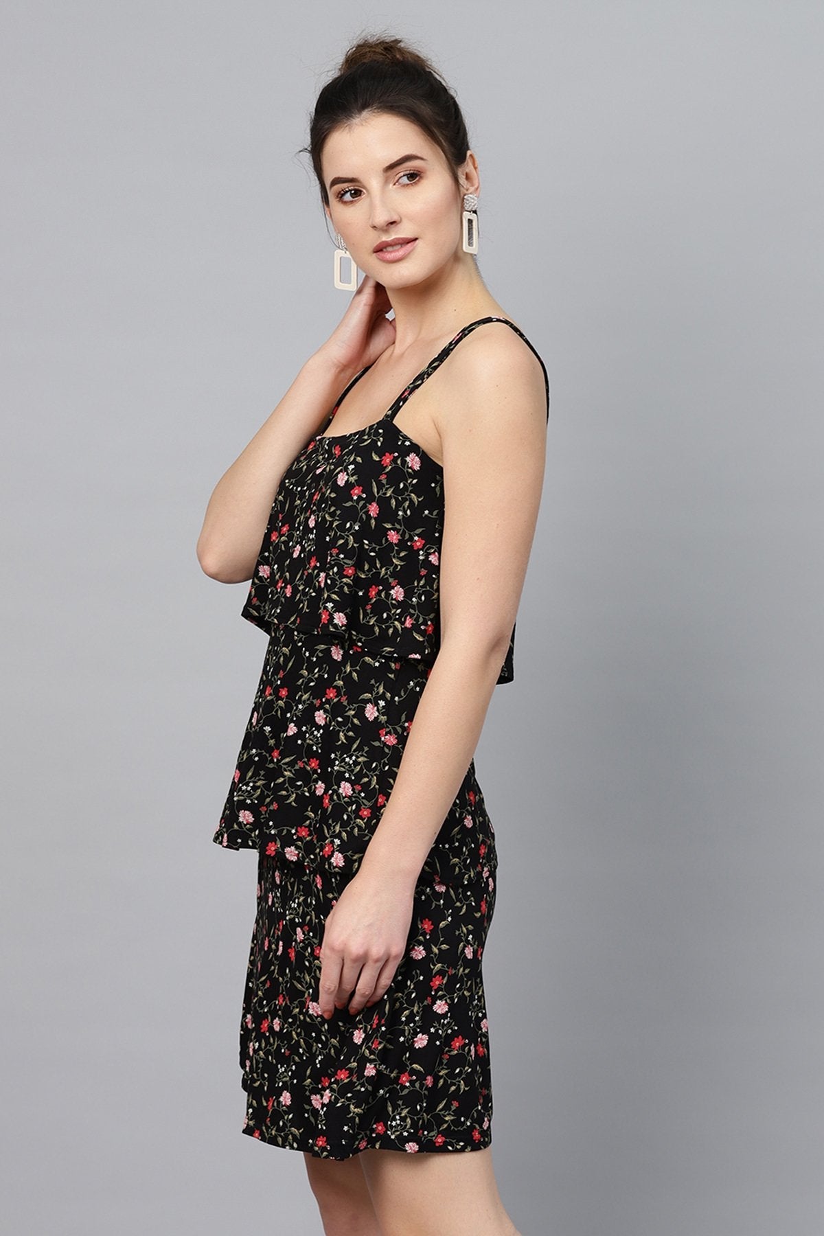 Women's Black Floral Strappy Tiered Dress - SASSAFRAS