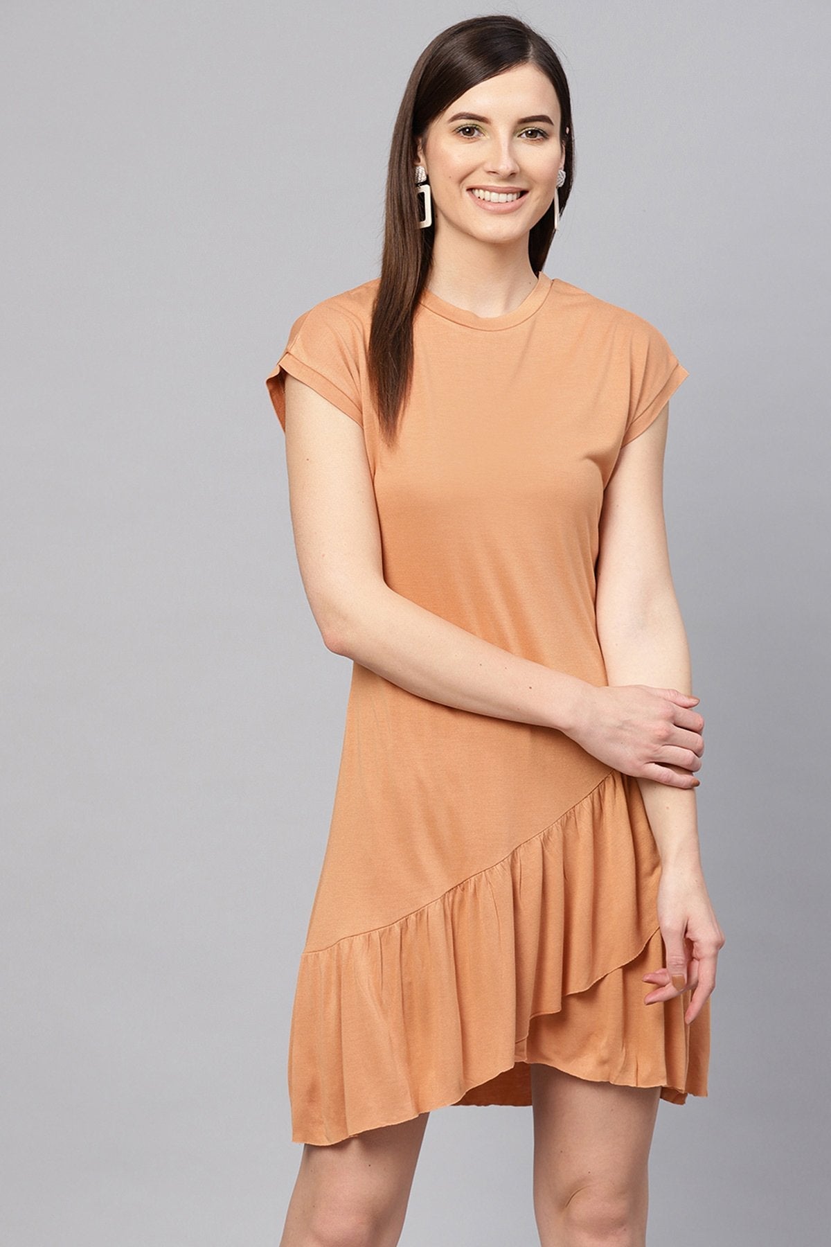 Women's Brown Frill Hem Dress - SASSAFRAS