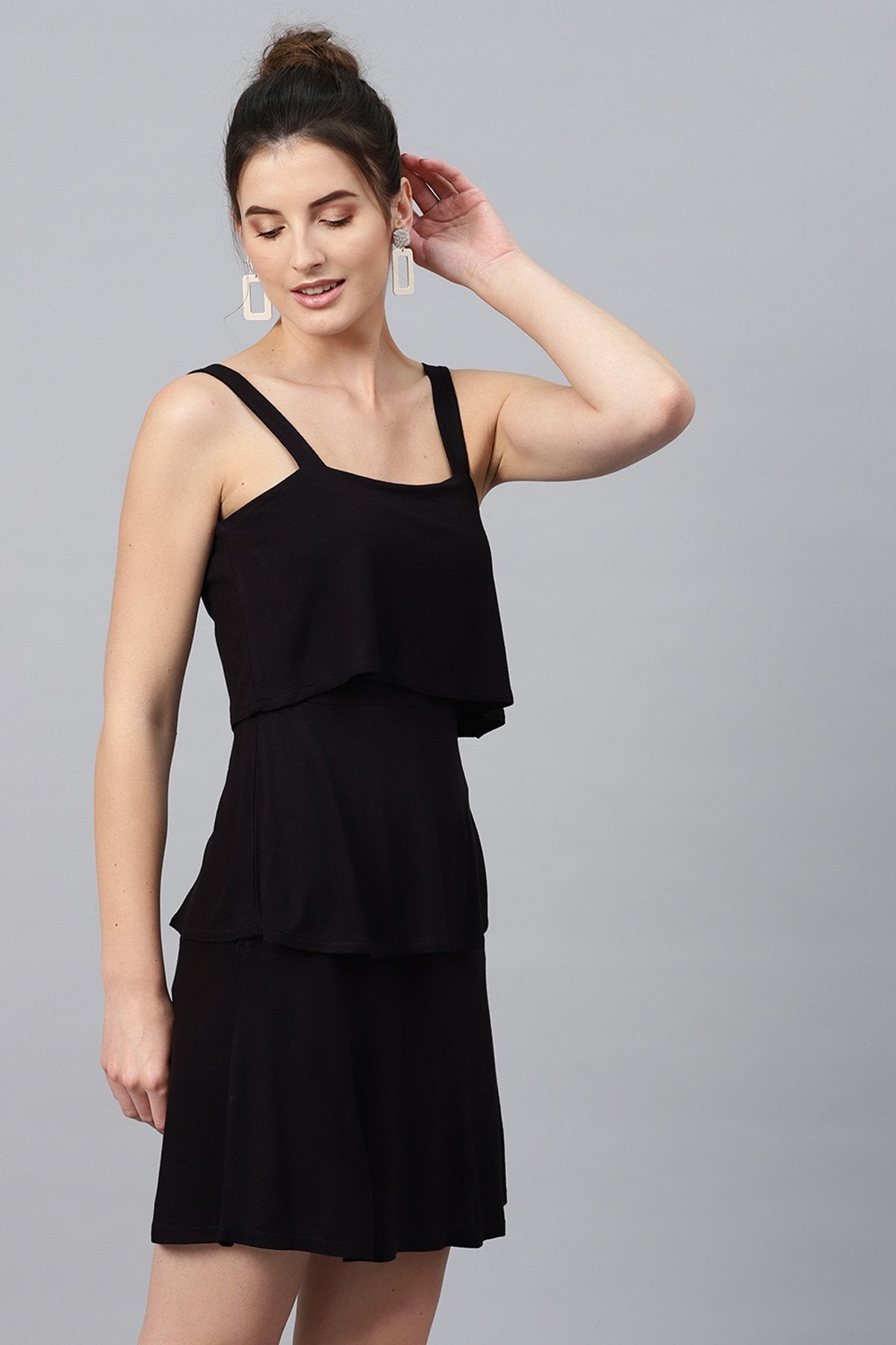 Women's Black Strappy Tiered Dress - SASSAFRAS