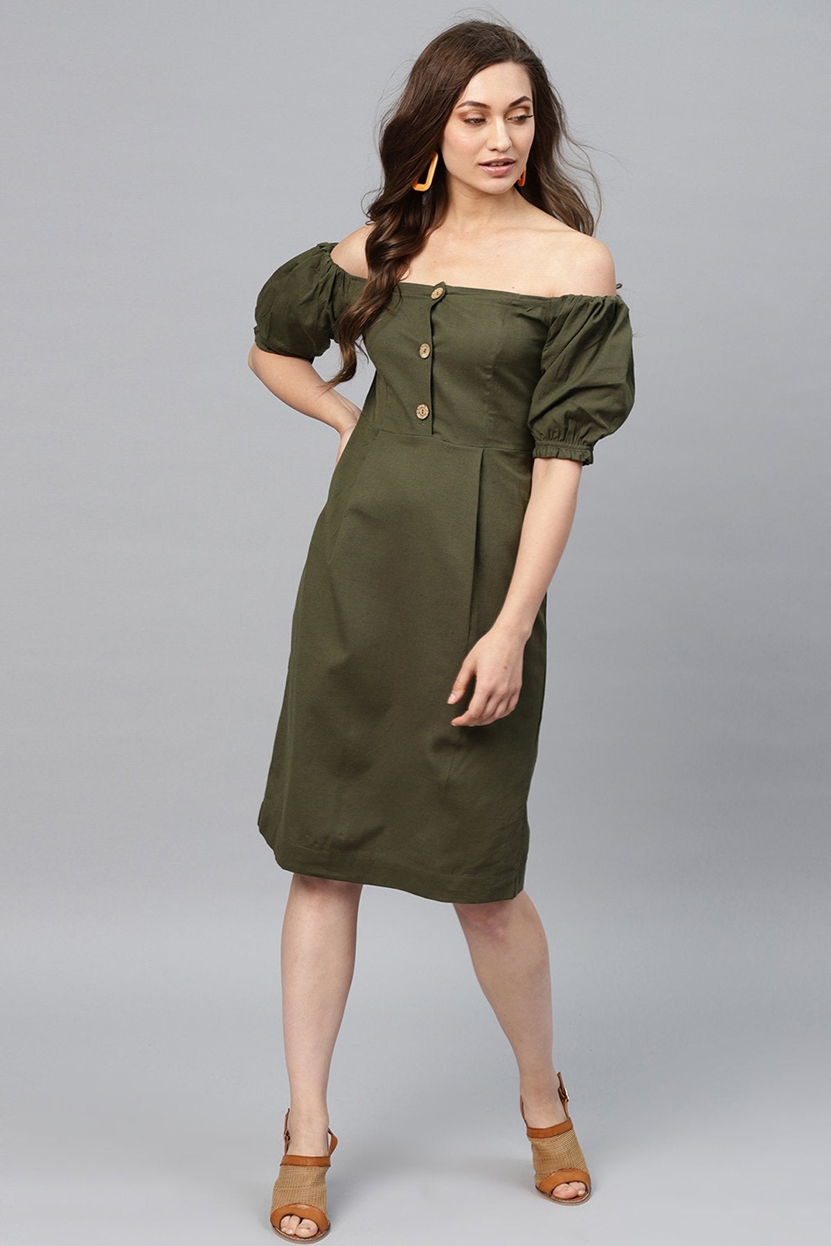 Women's Olive Off Shoulder Midi - SASSAFRAS