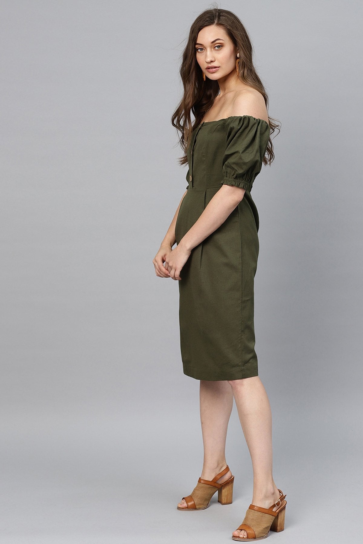 Women's Olive Off Shoulder Midi - SASSAFRAS