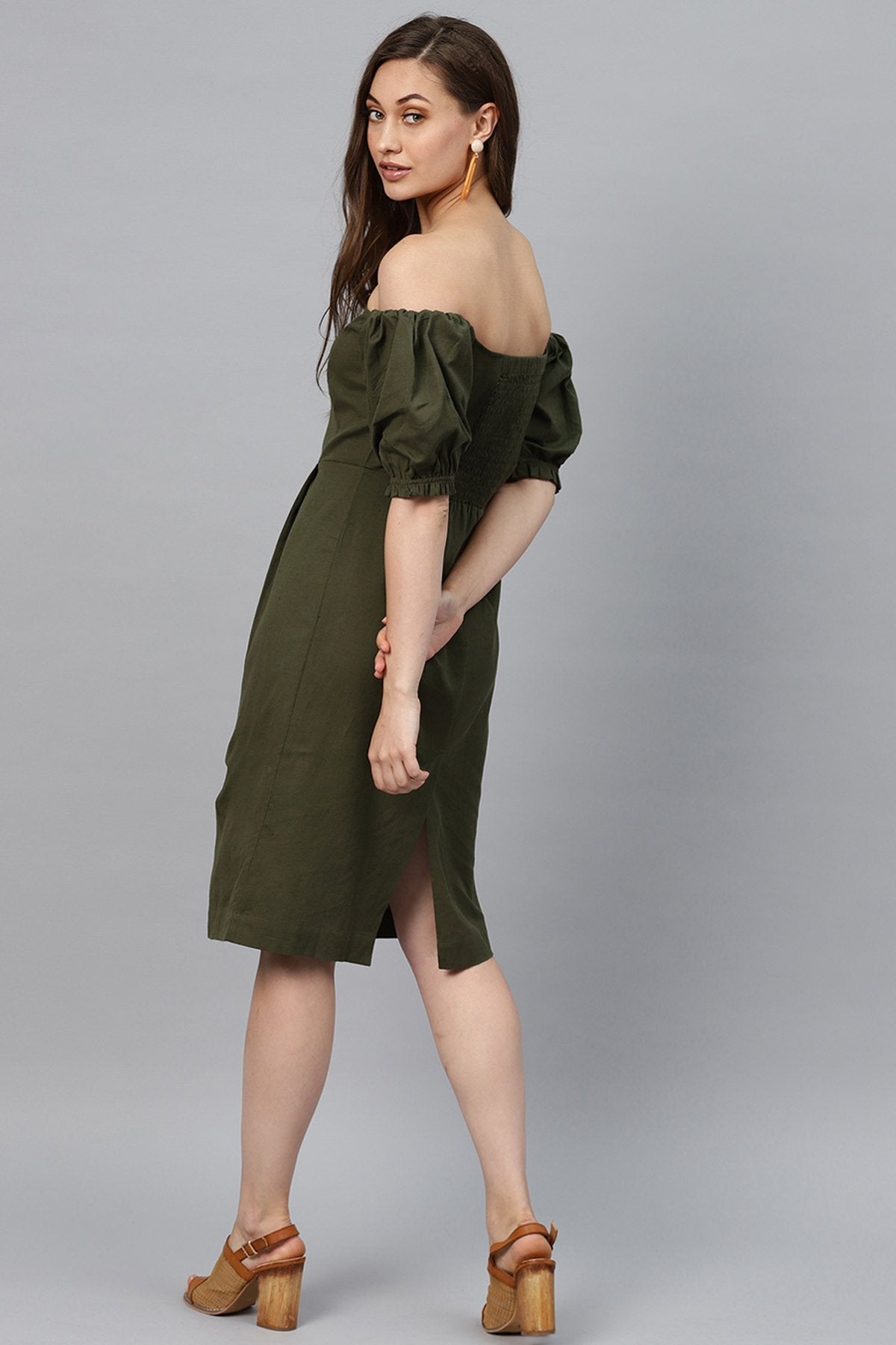 Women's Olive Off Shoulder Midi - SASSAFRAS