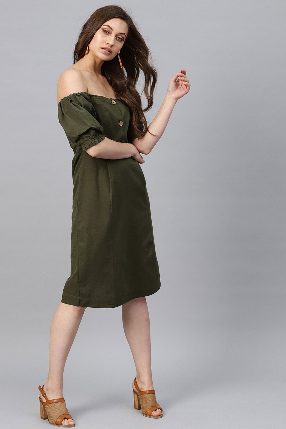 Women's Olive Off Shoulder Midi - SASSAFRAS