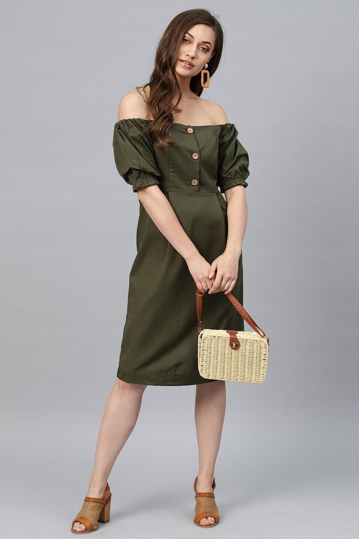 Women's Olive Off Shoulder Midi - SASSAFRAS