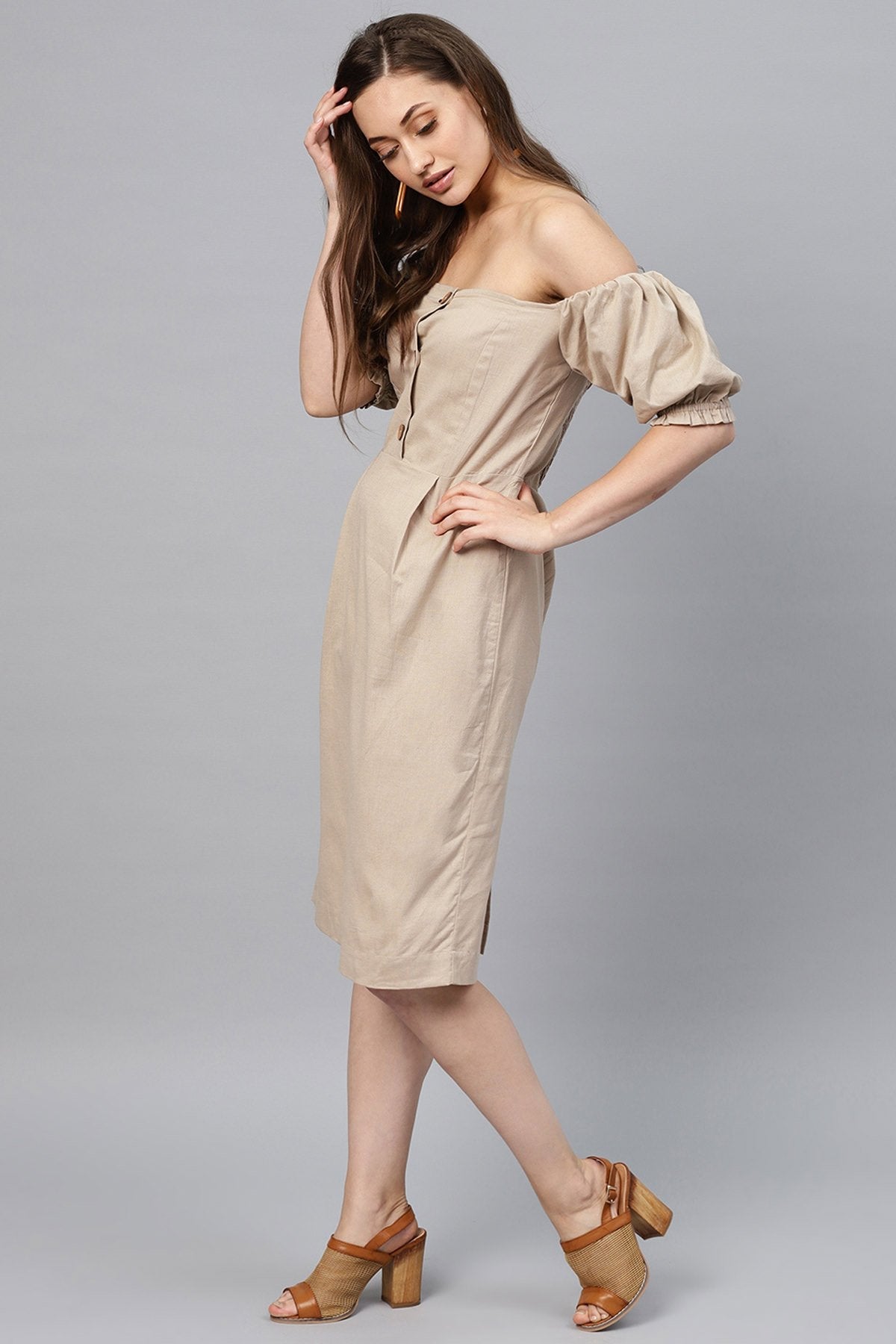 Women's Beige Off Shoulder Midi - SASSAFRAS