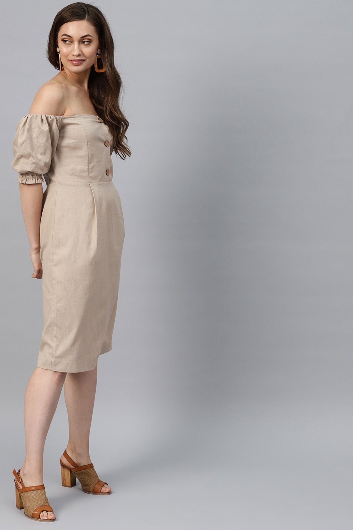 Women's Beige Off Shoulder Midi - SASSAFRAS