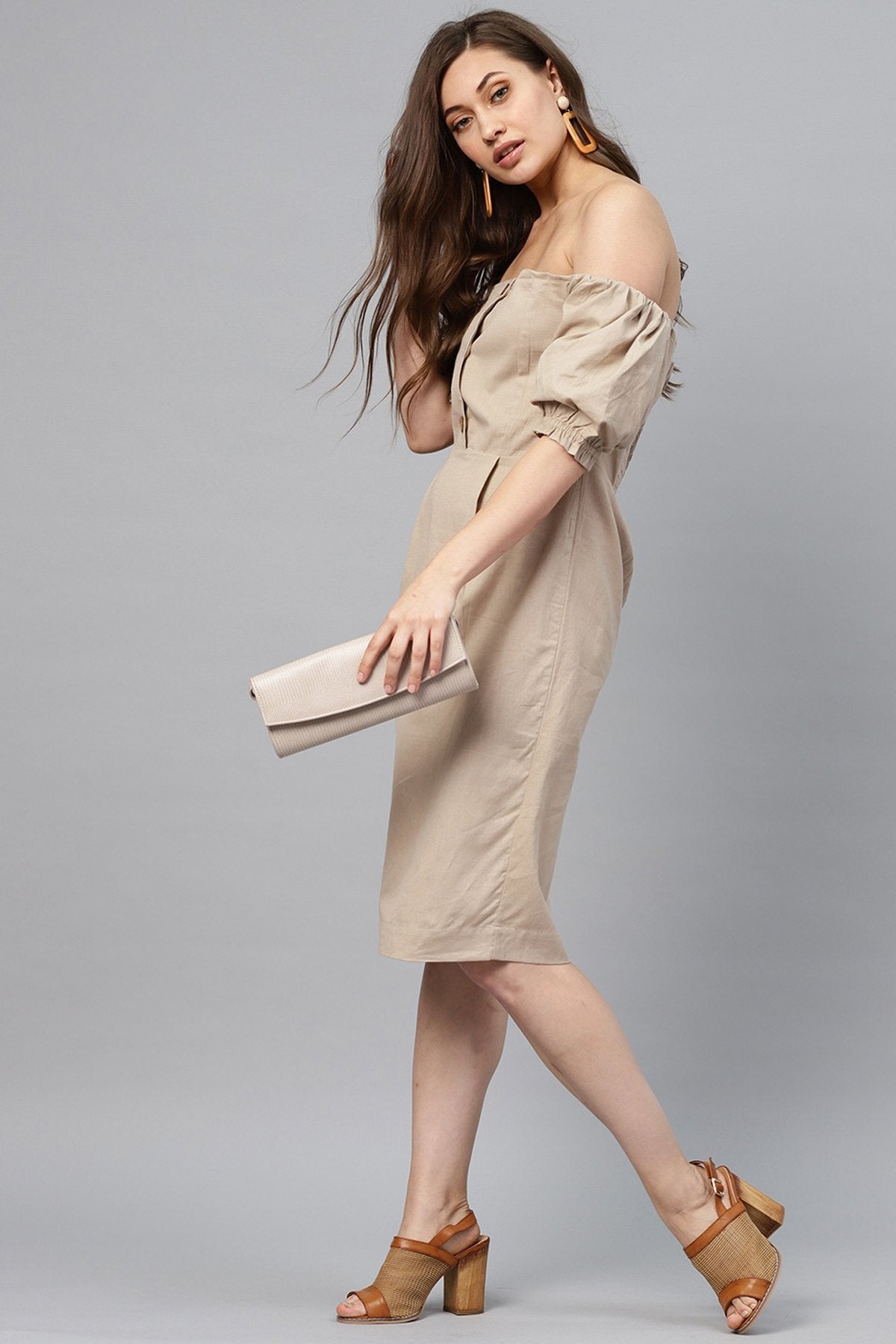 Women's Beige Off Shoulder Midi - SASSAFRAS