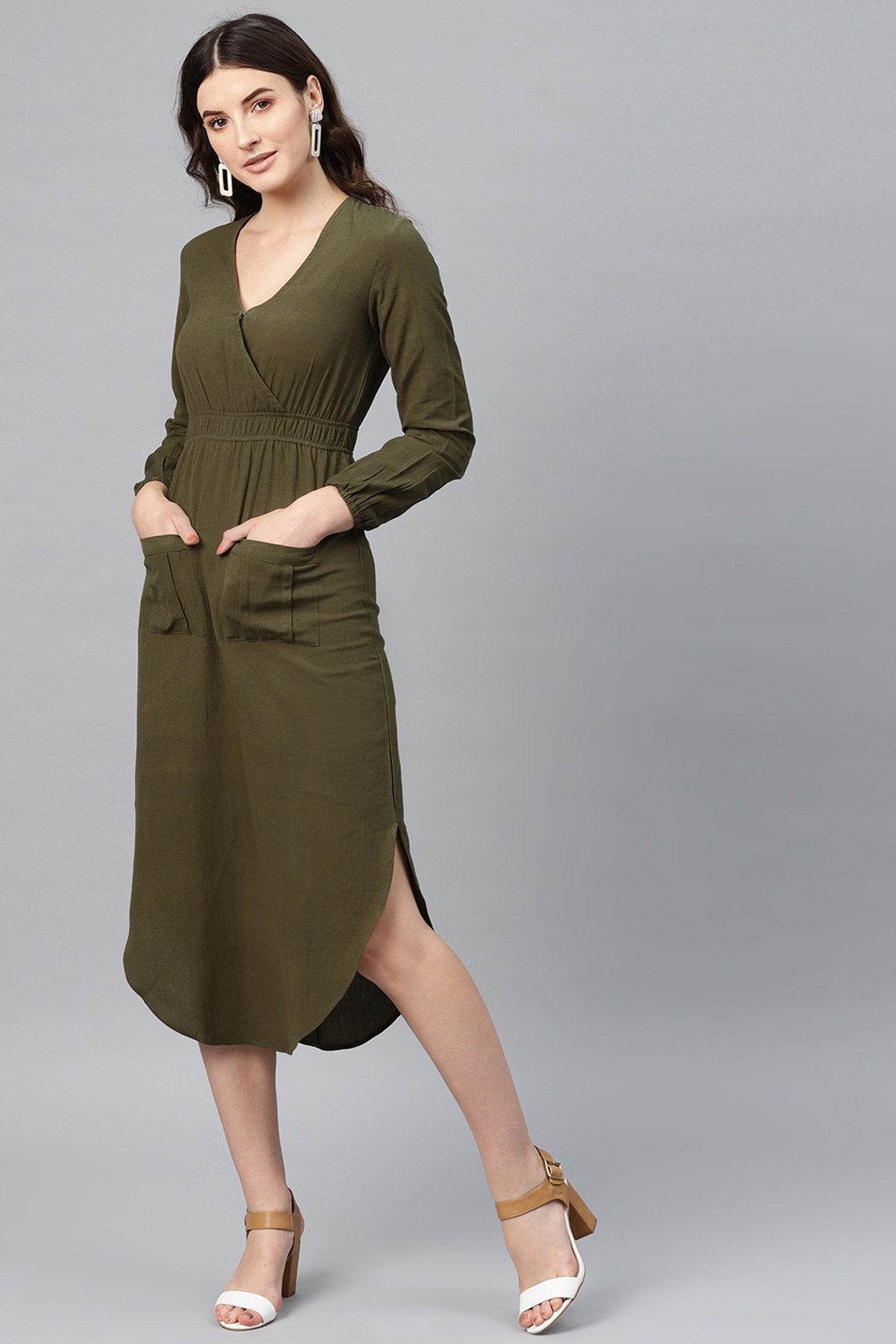 Women's Olive Wrap Front Midi - SASSAFRAS