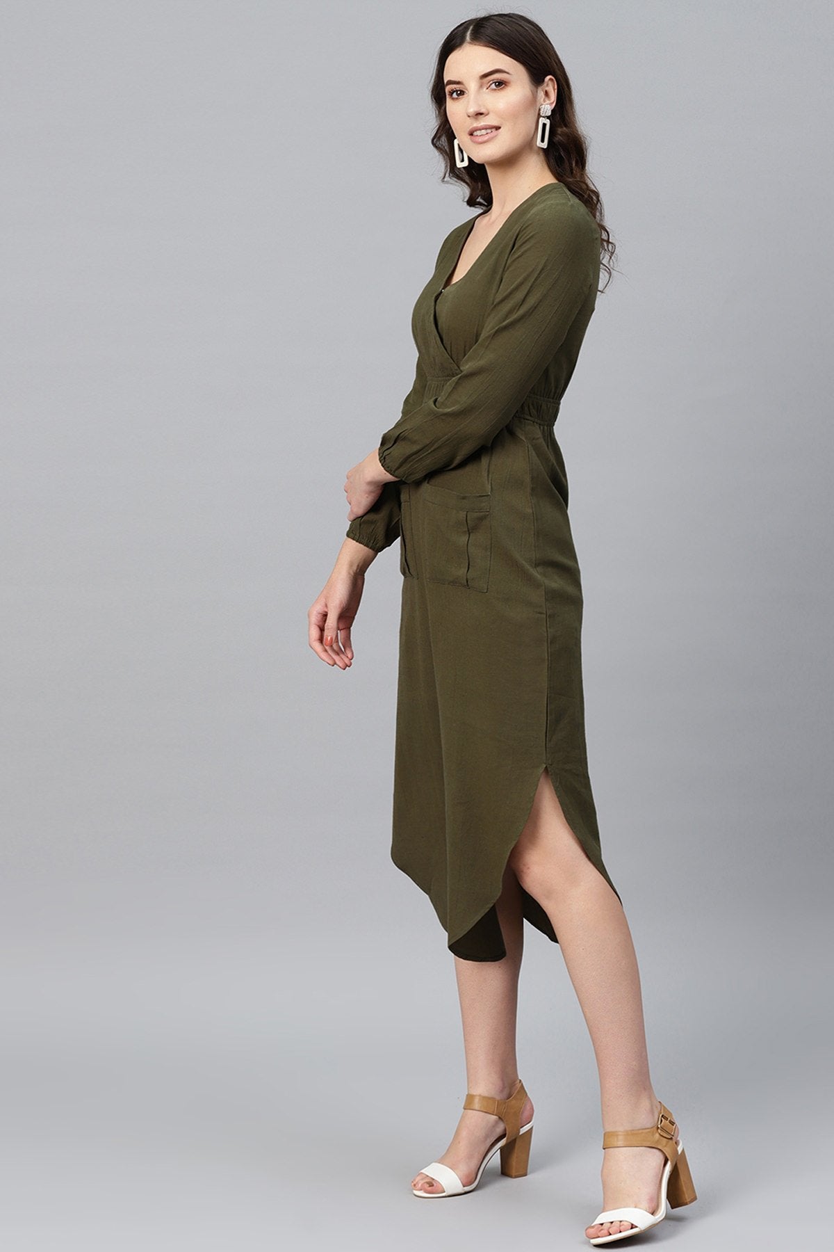 Women's Olive Wrap Front Midi - SASSAFRAS