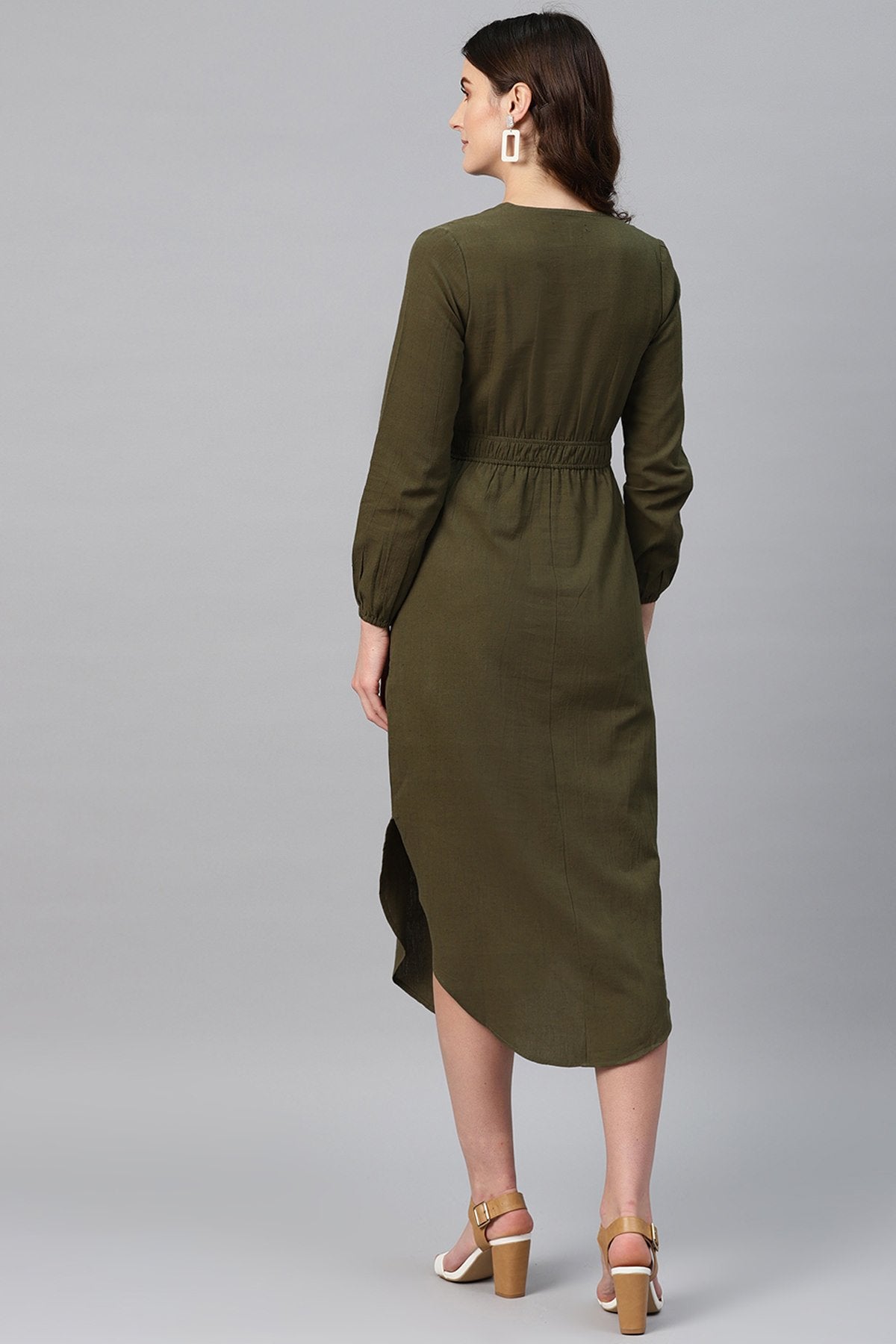 Women's Olive Wrap Front Midi - SASSAFRAS