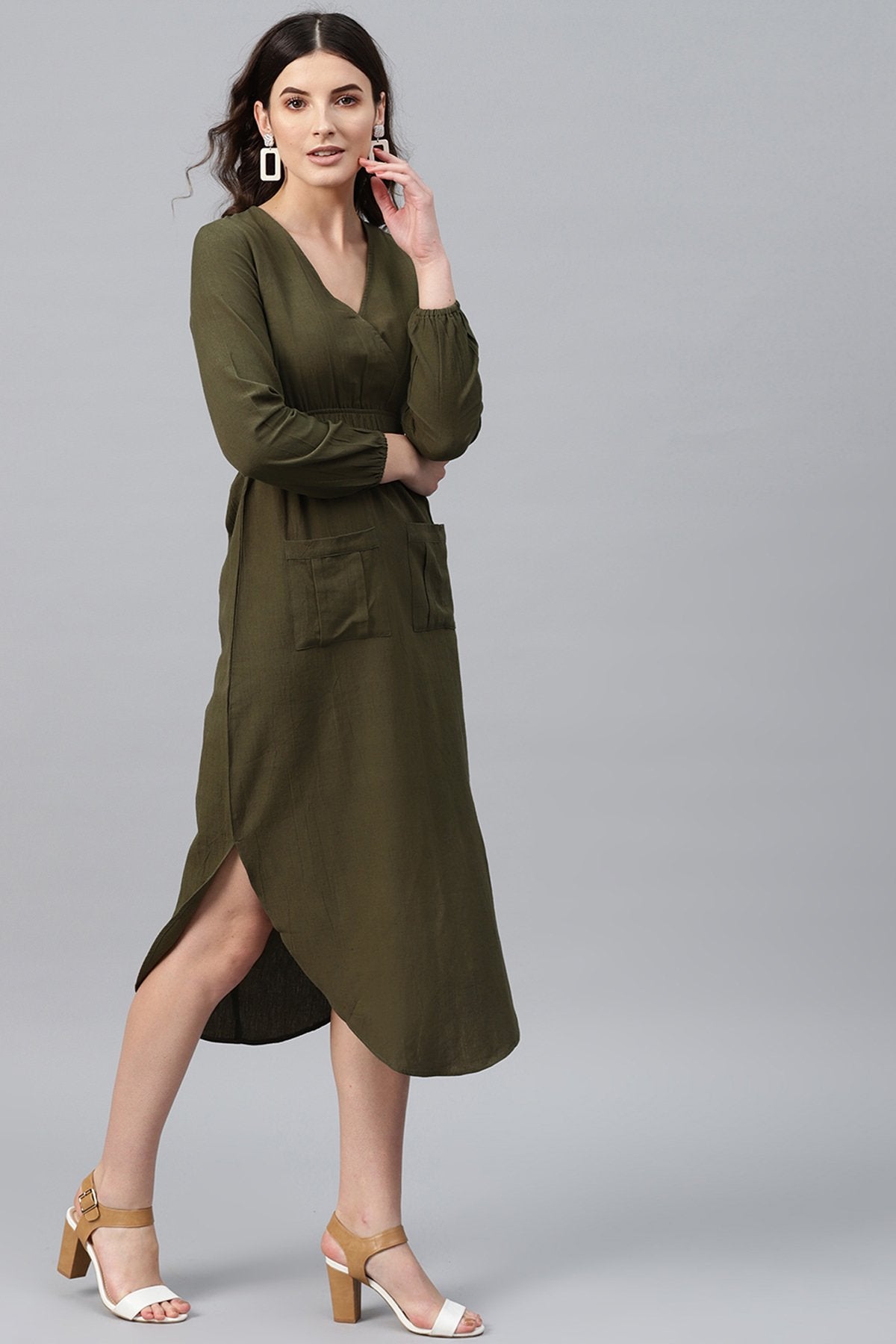 Women's Olive Wrap Front Midi - SASSAFRAS