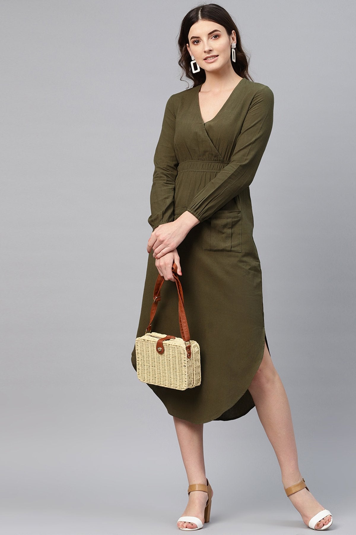 Women's Olive Wrap Front Midi - SASSAFRAS