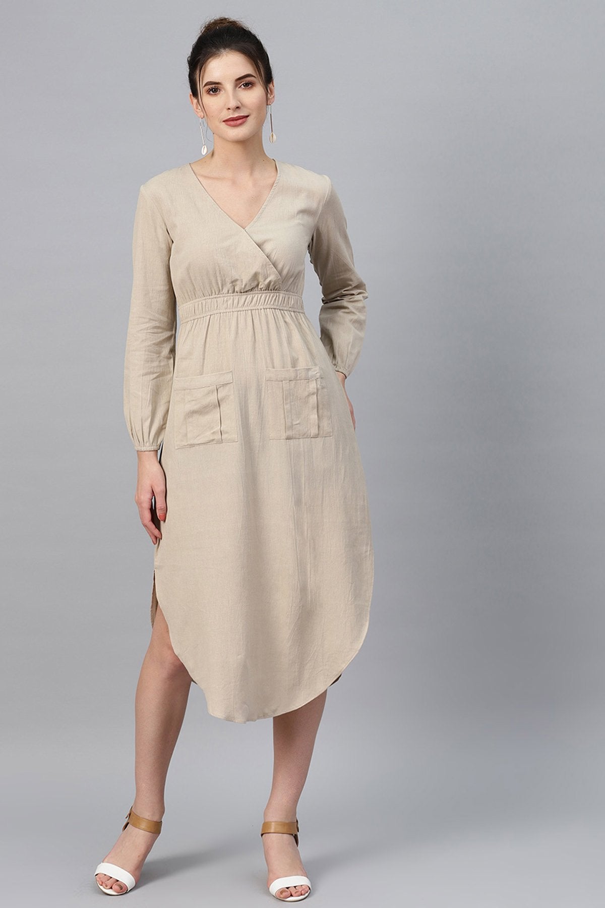 Women's Beige Wrap Front Midi - SASSAFRAS